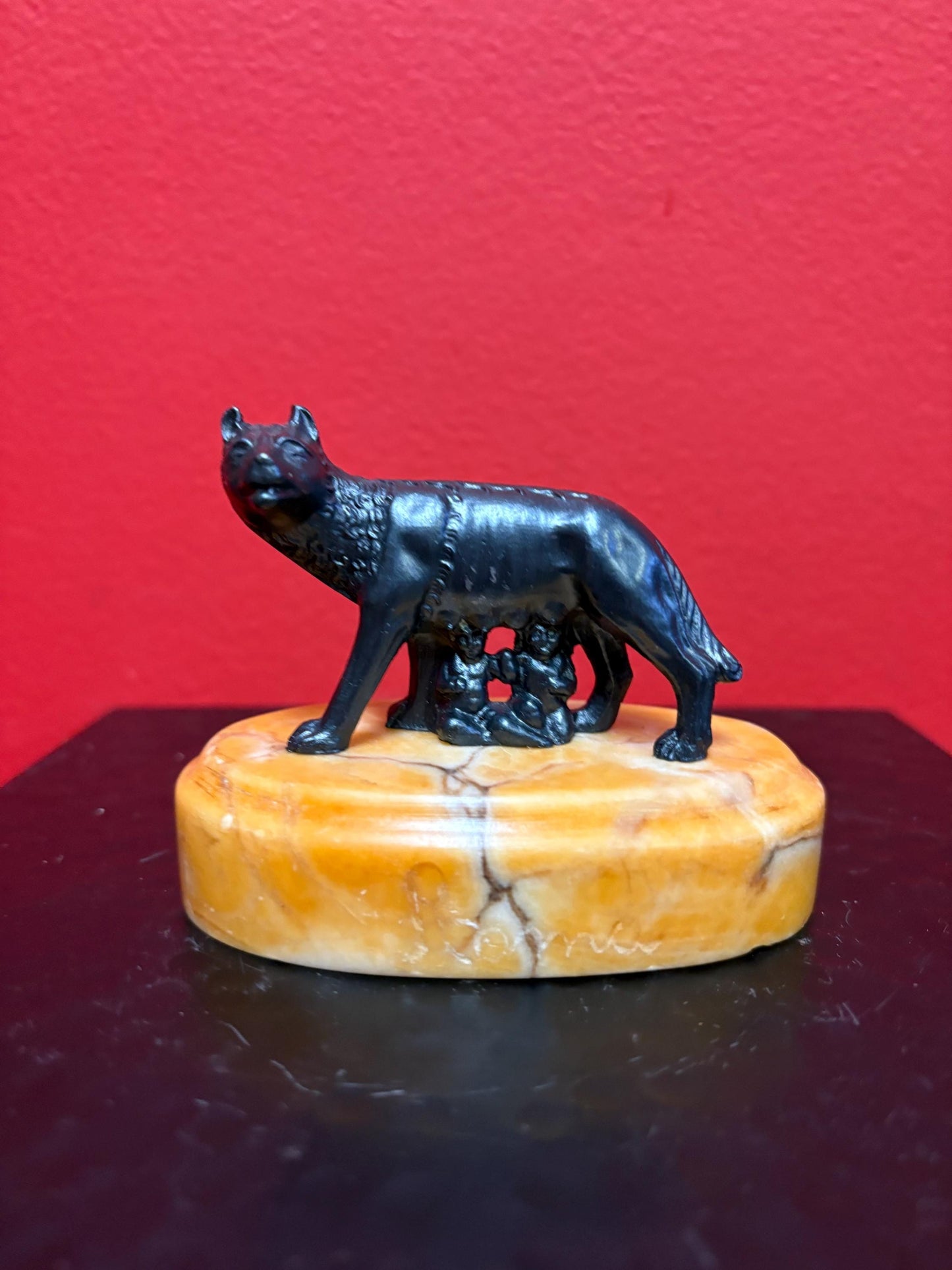 Lovely 3 1/2 x 3 high bronze statue of a fox with people hiding under on marble  stand  great condition and unique