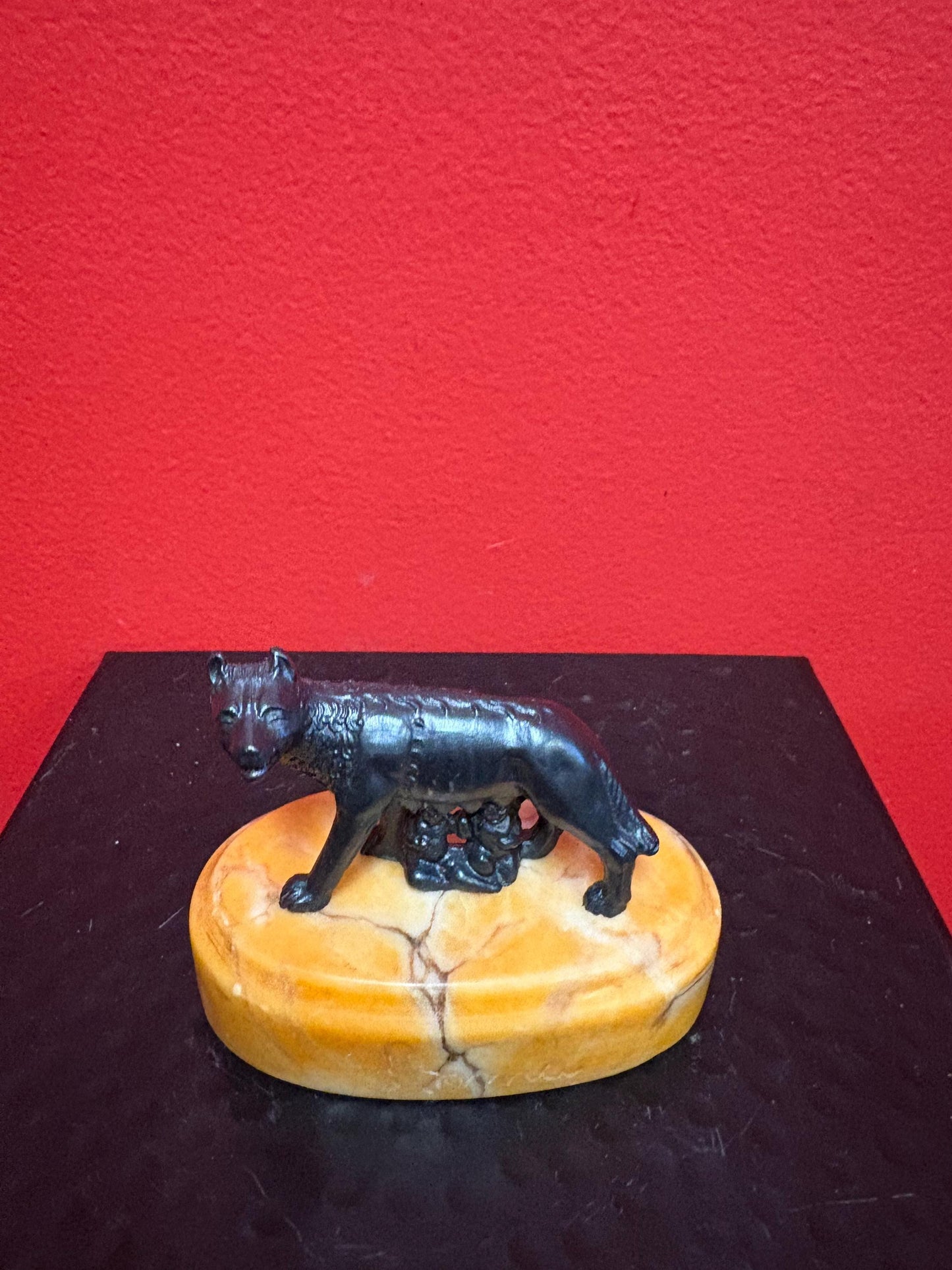 Lovely 3 1/2 x 3 high bronze statue of a fox with people hiding under on marble  stand  great condition and unique