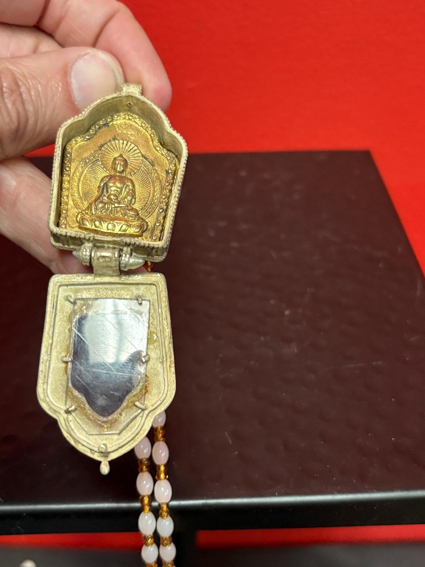 Absolutely stunning Tibetan silver miniature shrine pendant - 2 inches long with a pink Jade necklace approx 26 inch long necklace  wow