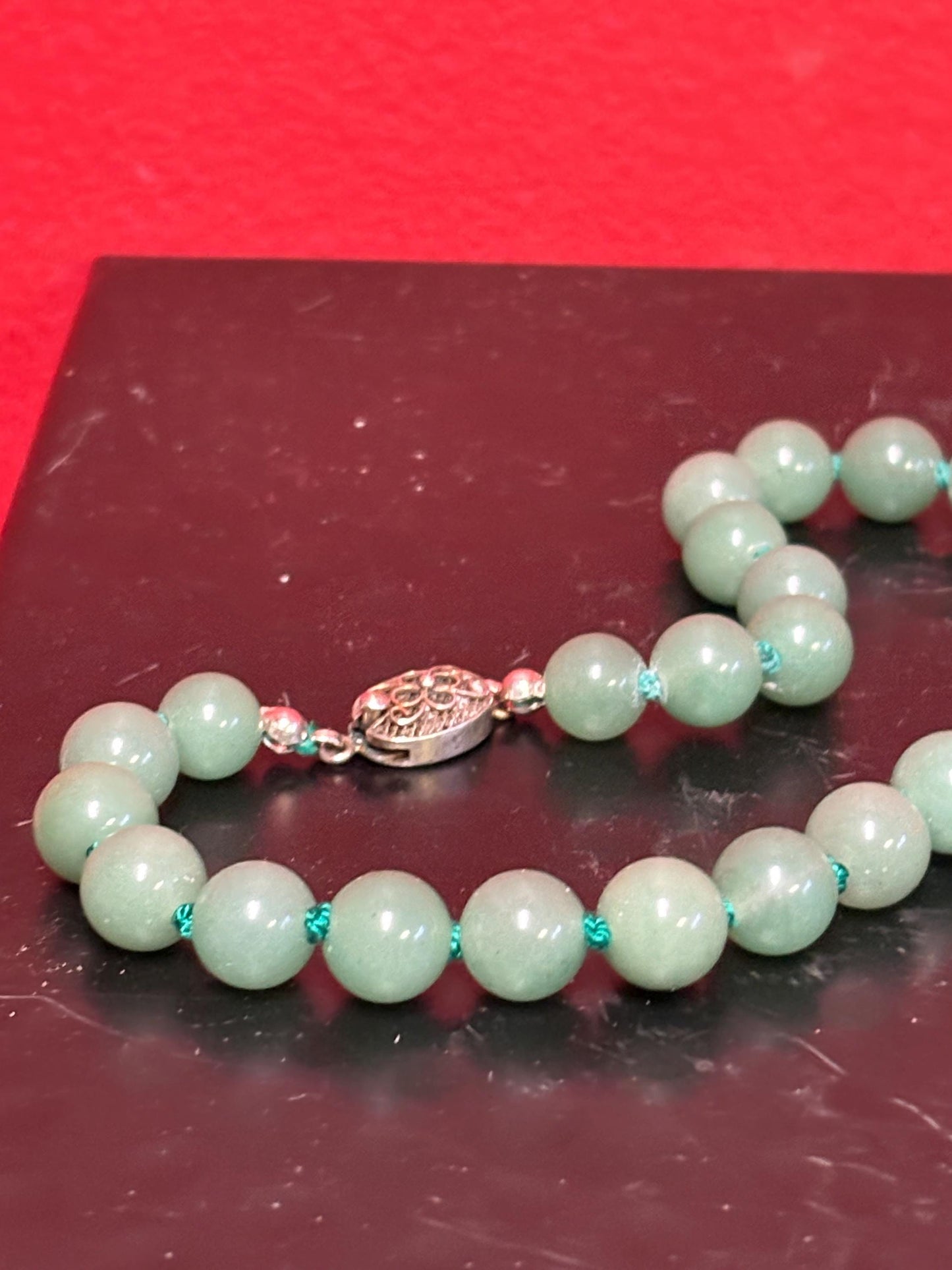 Stunning Chinese antique jade bead necklace  approximately 23 inches long with beautiful clap  great knotting  wow - B
