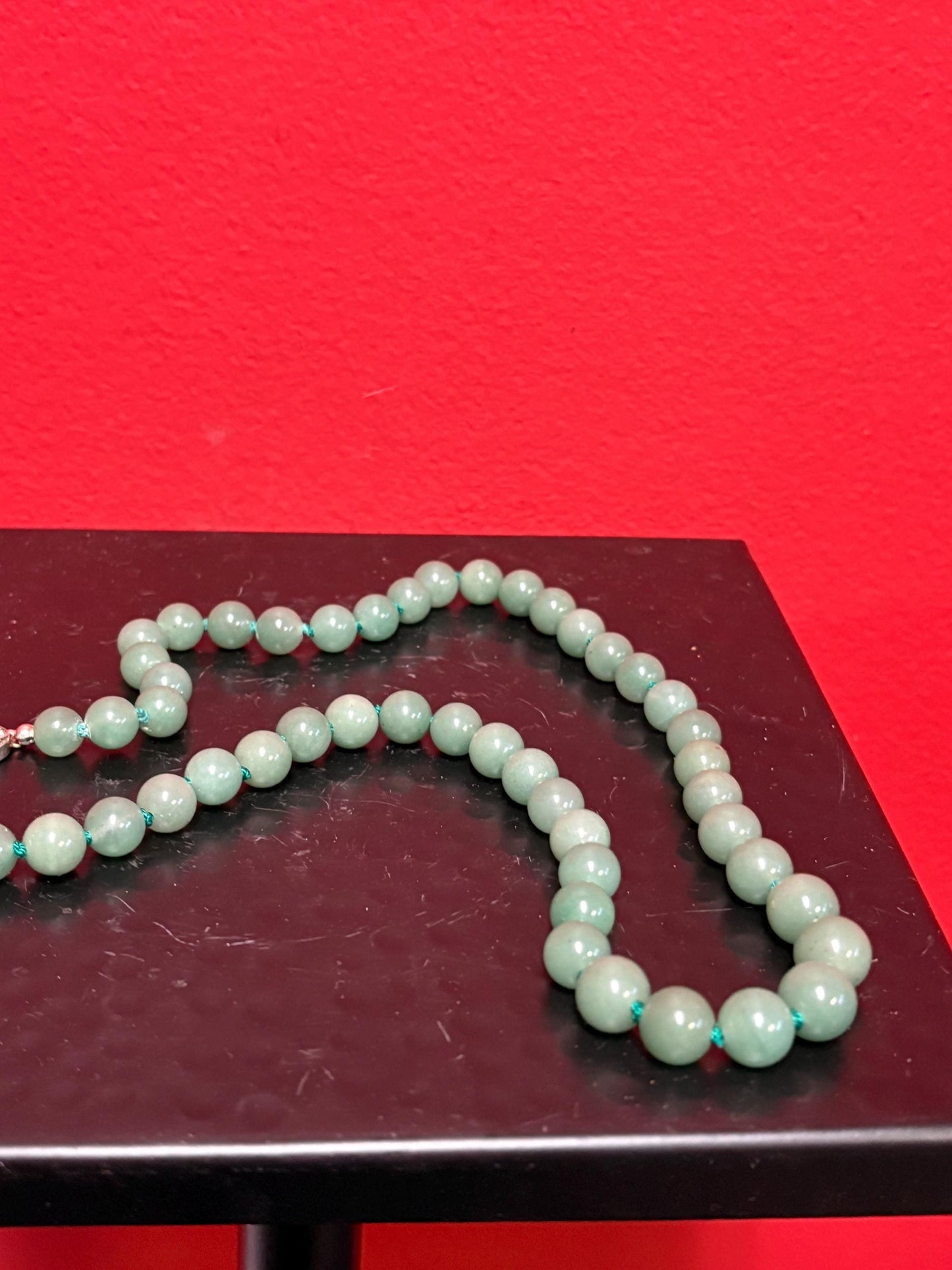 Stunning Chinese antique jade bead necklace  approximately 23 inches long with beautiful clap  great knotting  wow - B