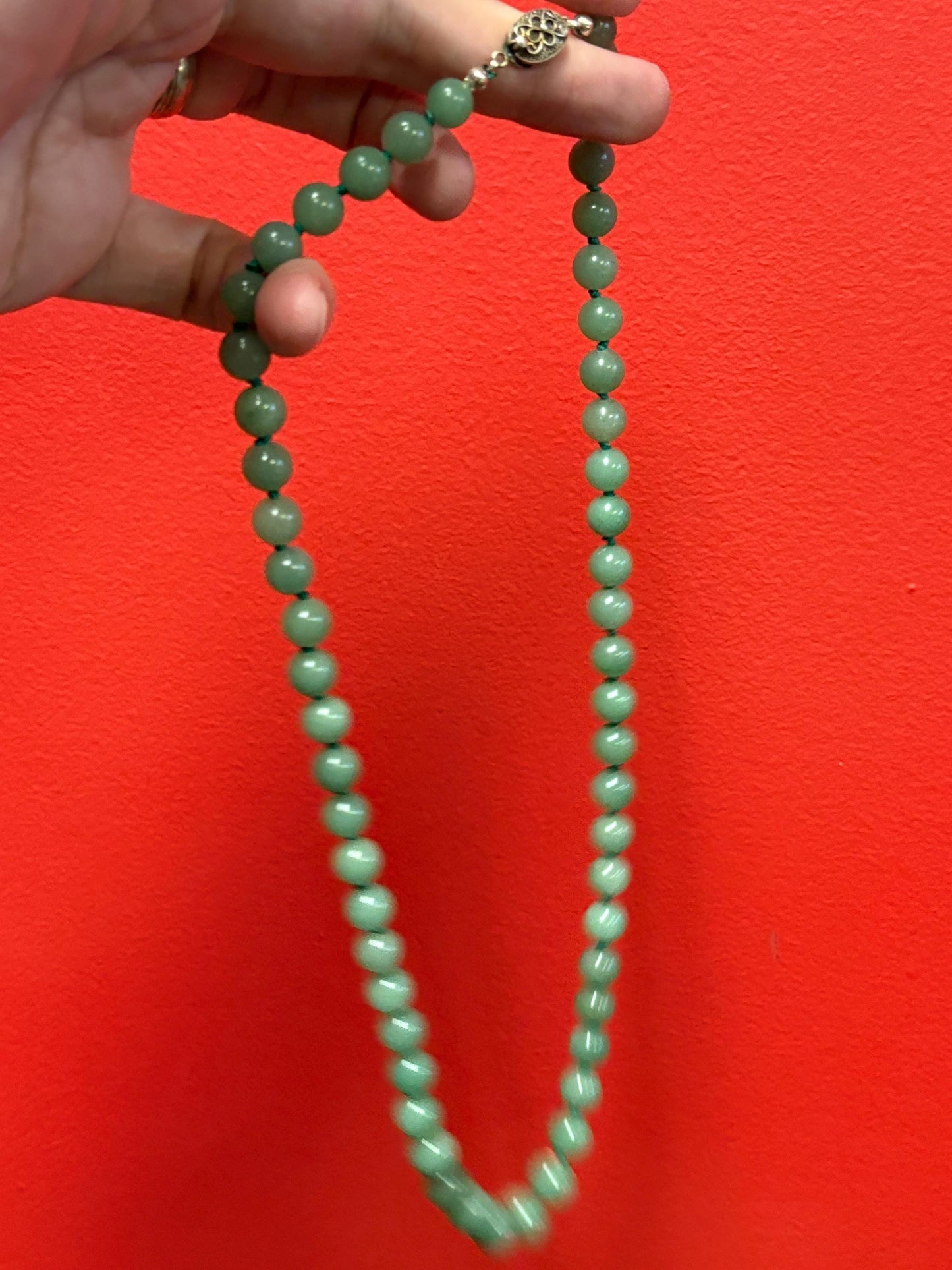 Stunning Chinese antique jade bead necklace  approximately 23 inches long with beautiful clap  great knotting  wow - B