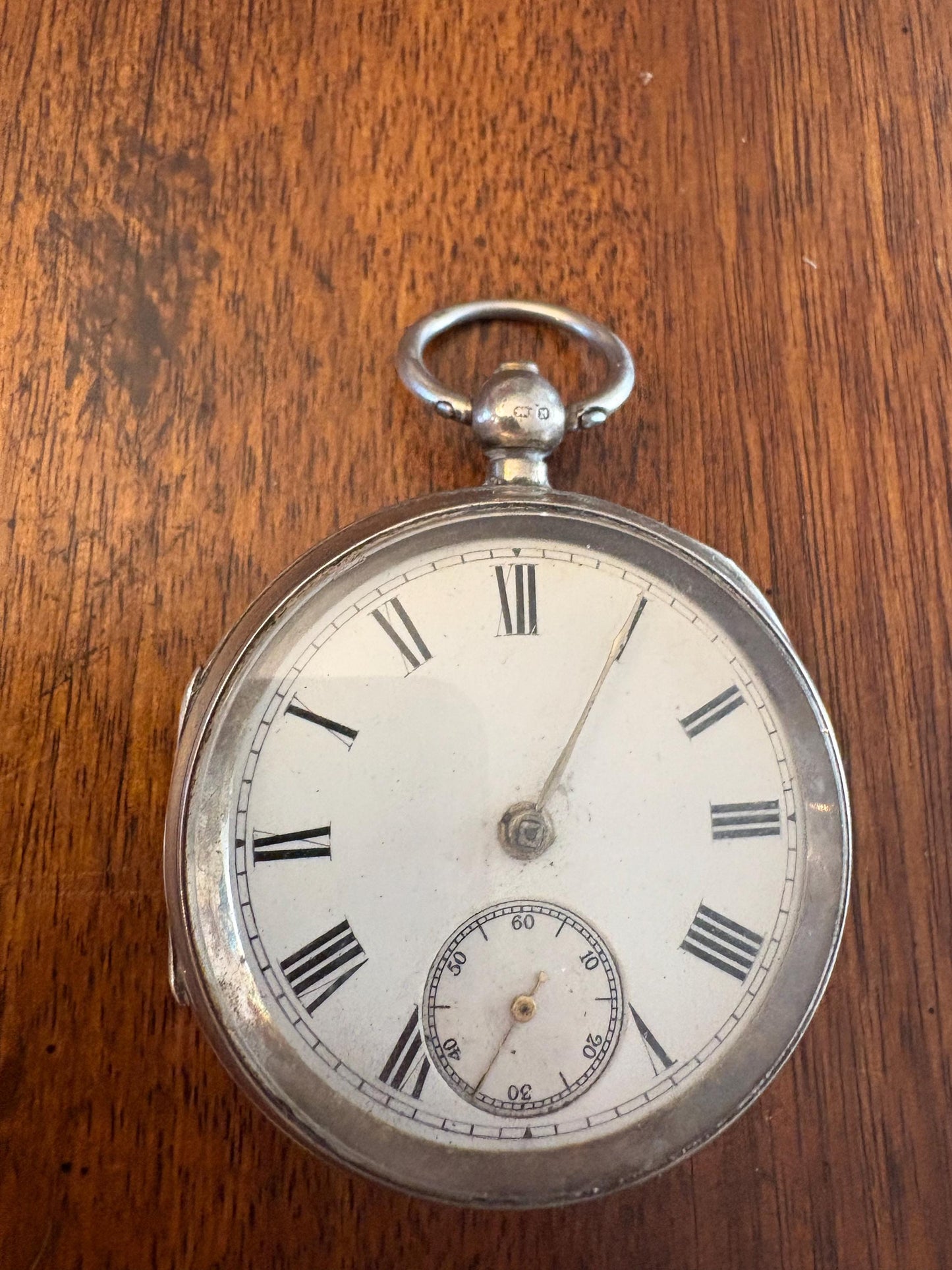 Lovely antique hallmarked sterling heavy 3 inch pocket watch  needs work priced very well  as is and final sale - B