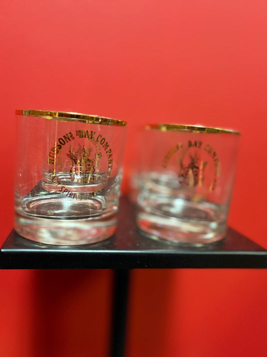 Beautiful set four 3 1/2 inch high Hudson Bay Company scotch whiskey glasses HBC Canadian history good condition