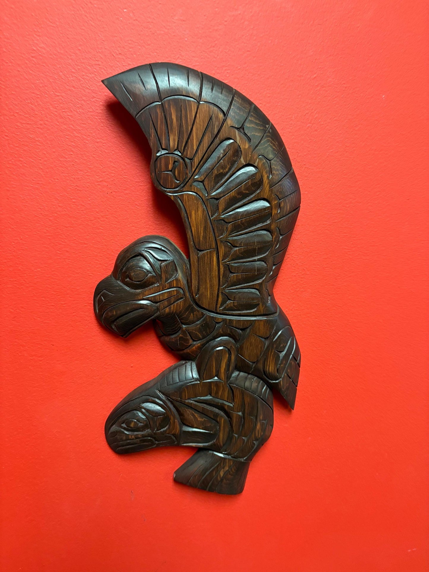 Huge 17 x 9 high signed indigenous First Nations cedar Eagle and salmon transformation plaque  great detail -