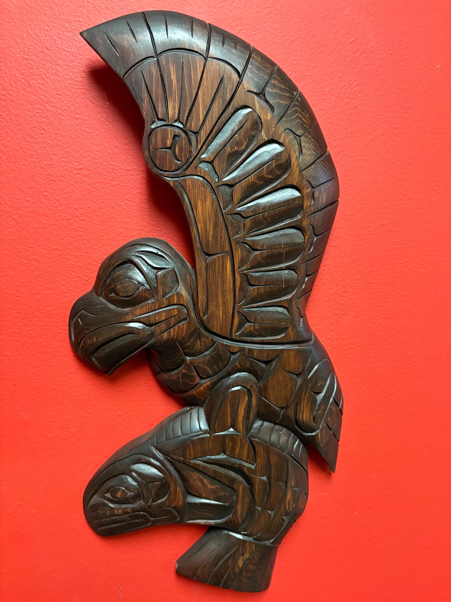 Huge 17 x 9 high signed indigenous First Nations cedar Eagle and salmon transformation plaque  great detail -
