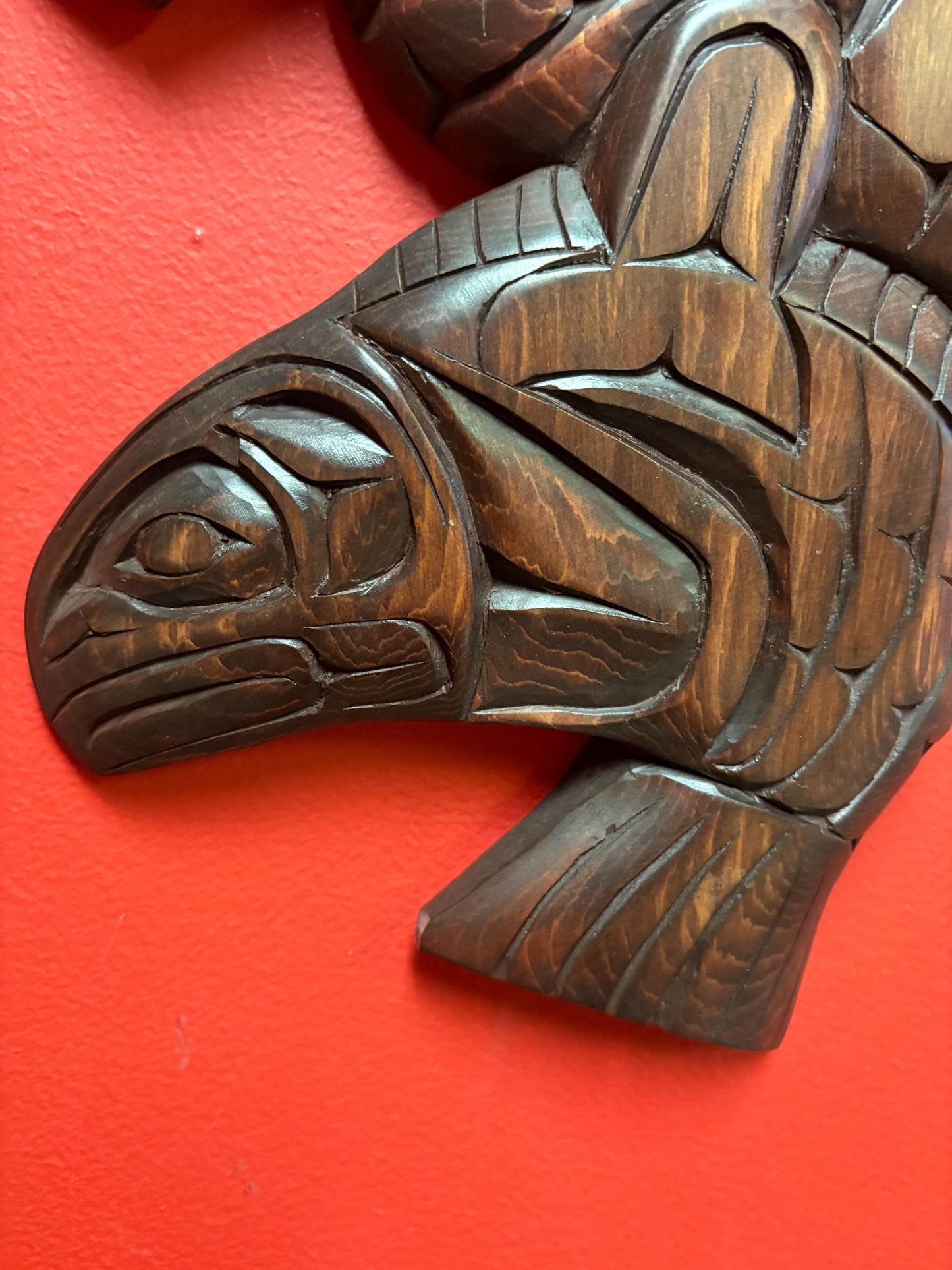 Huge 17 x 9 high signed indigenous First Nations cedar Eagle and salmon transformation plaque  great detail -