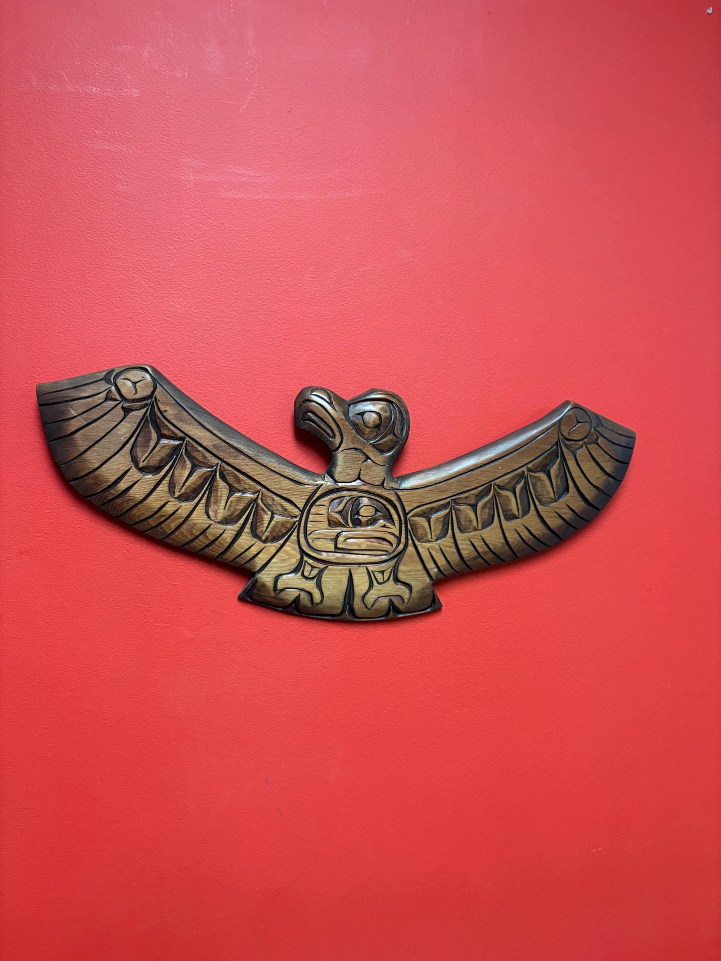 Huge 21 x 9 high signed indigenous First Nations cedar Eagle transformation plaque  great detail -