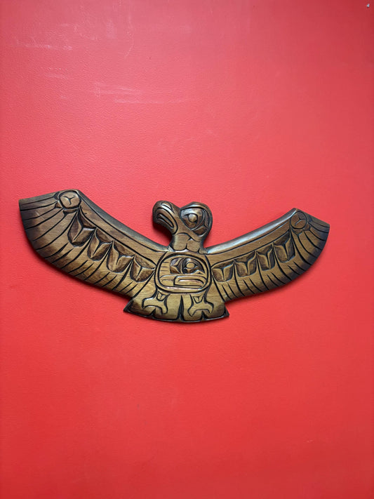 Huge 21 x 9 high signed indigenous First Nations cedar Eagle transformation plaque  great detail -