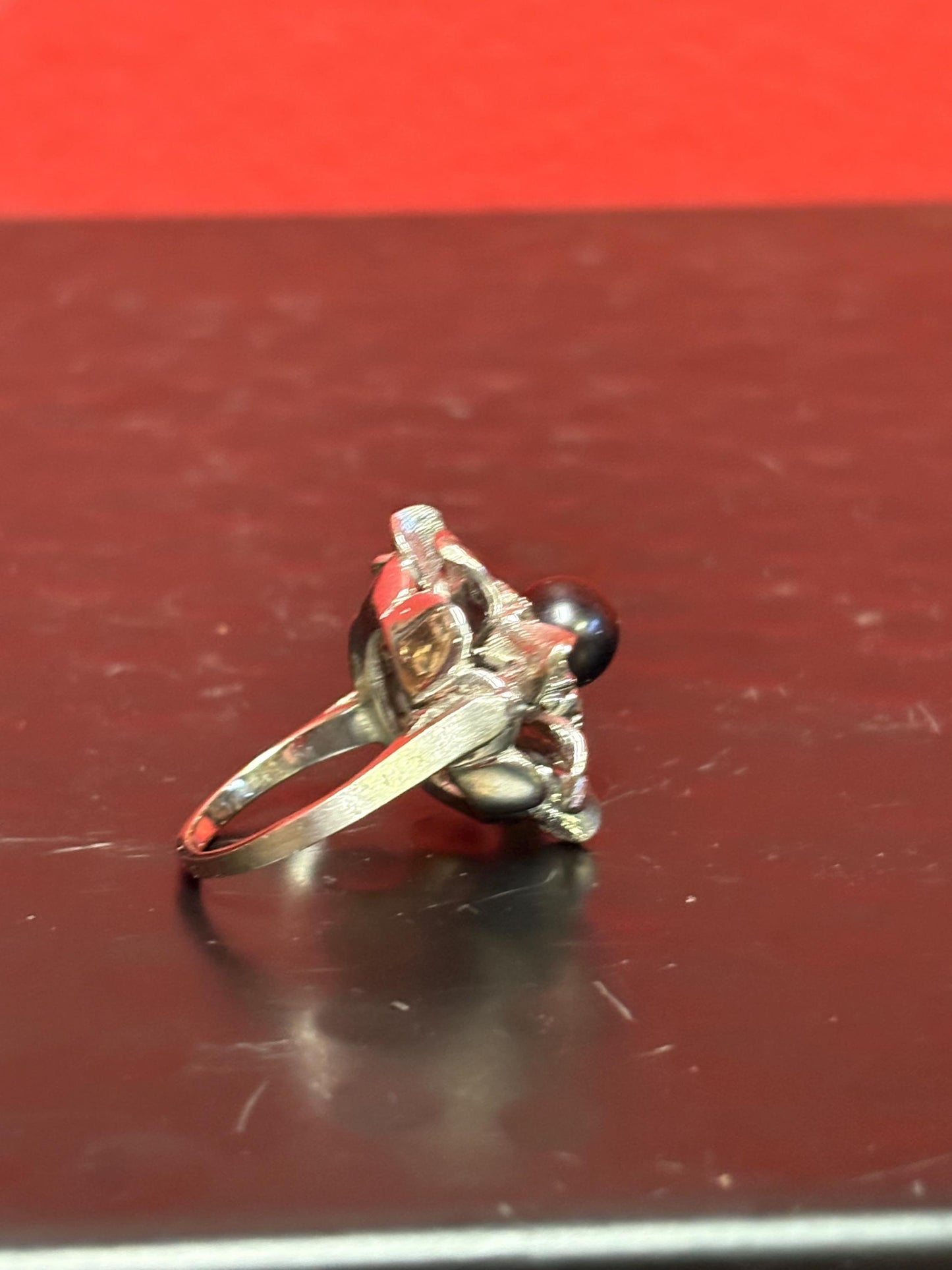 Fabulous 14 karat white gold, diamond, and black pearl ring  statement piece  tiny fingers rejoice - size 4.5  B -