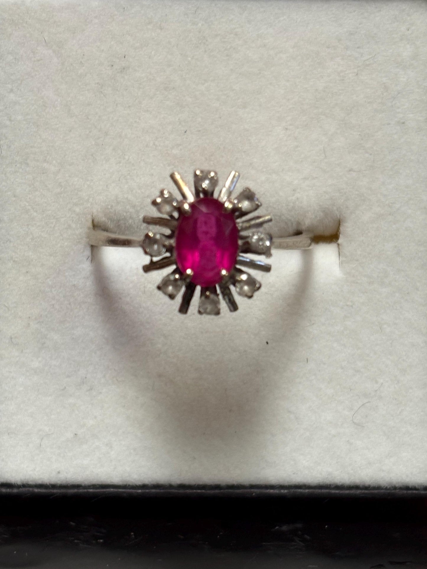 Stunning 15 K white gold ruby and diamond ring an elegant stunner  size 7.75  one of a kind - B -