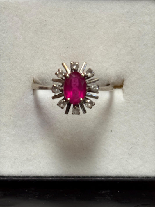 Stunning 15 K white gold ruby and diamond ring an elegant stunner  size 7.75  one of a kind - B -