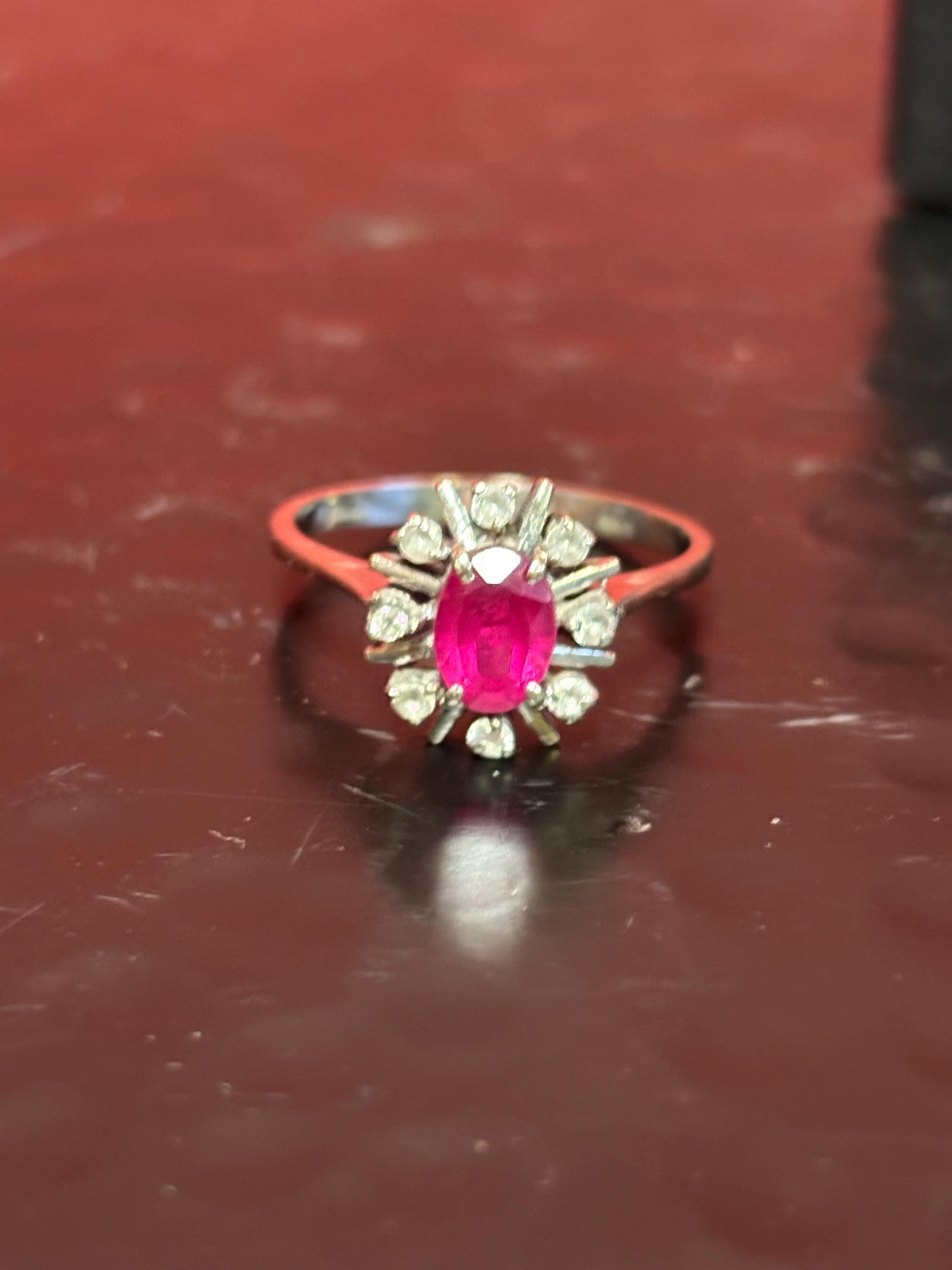 Stunning 15 K white gold ruby and diamond ring an elegant stunner  size 7.75  one of a kind - B -