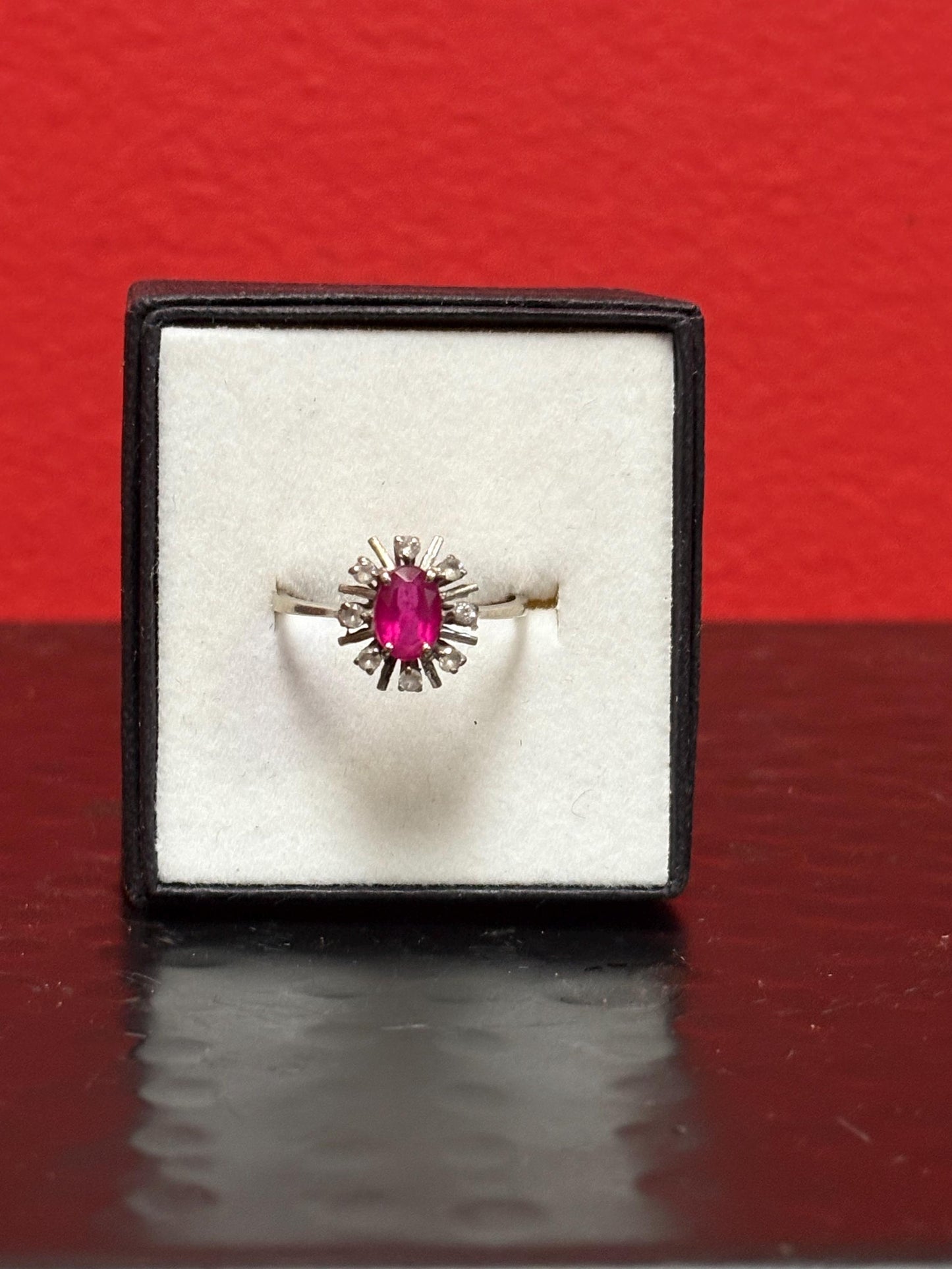 Stunning 15 K white gold ruby and diamond ring an elegant stunner  size 7.75  one of a kind - B -