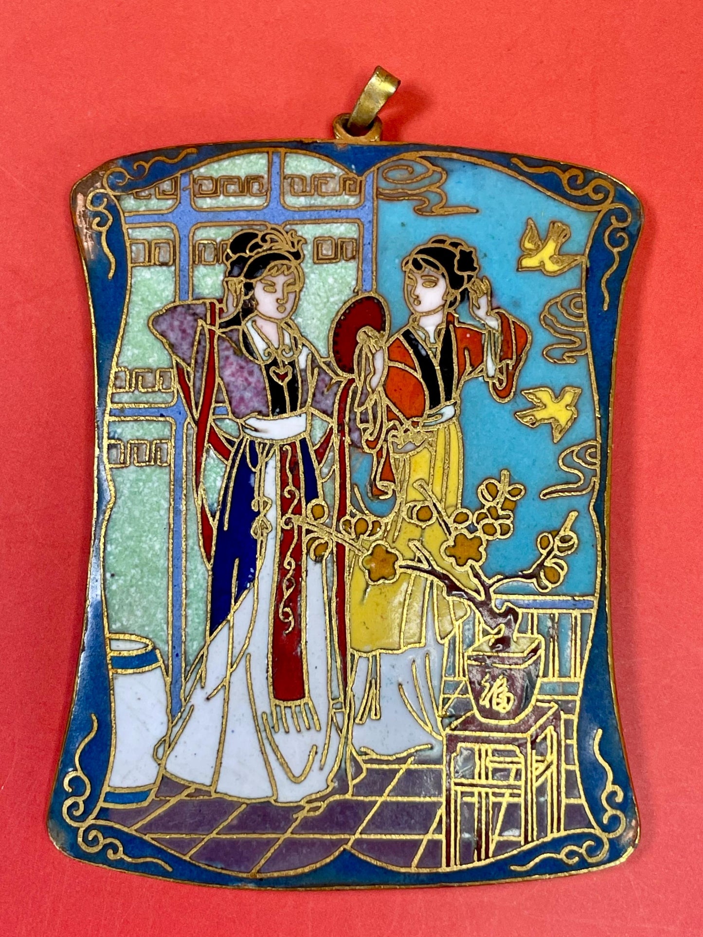 Hand-Painted Enamel Asian Scene Metal Pendant