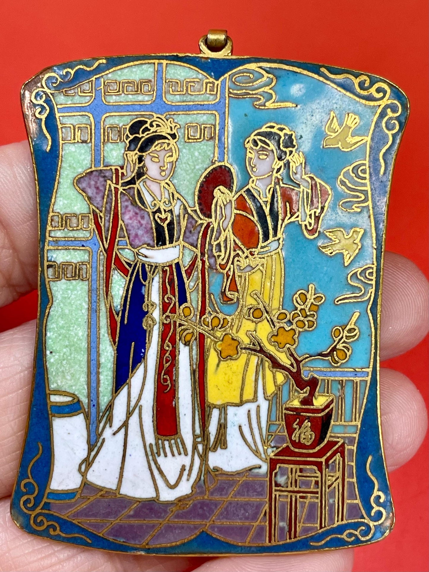 Hand-Painted Enamel Asian Scene Metal Pendant