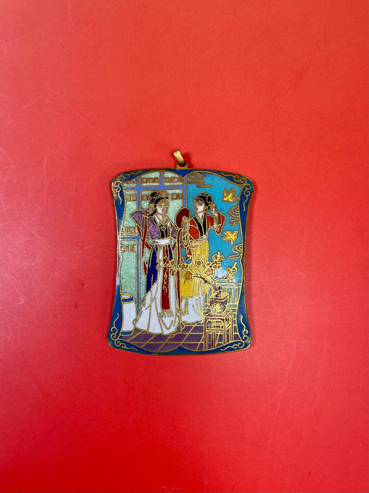 Hand-Painted Enamel Asian Scene Metal Pendant