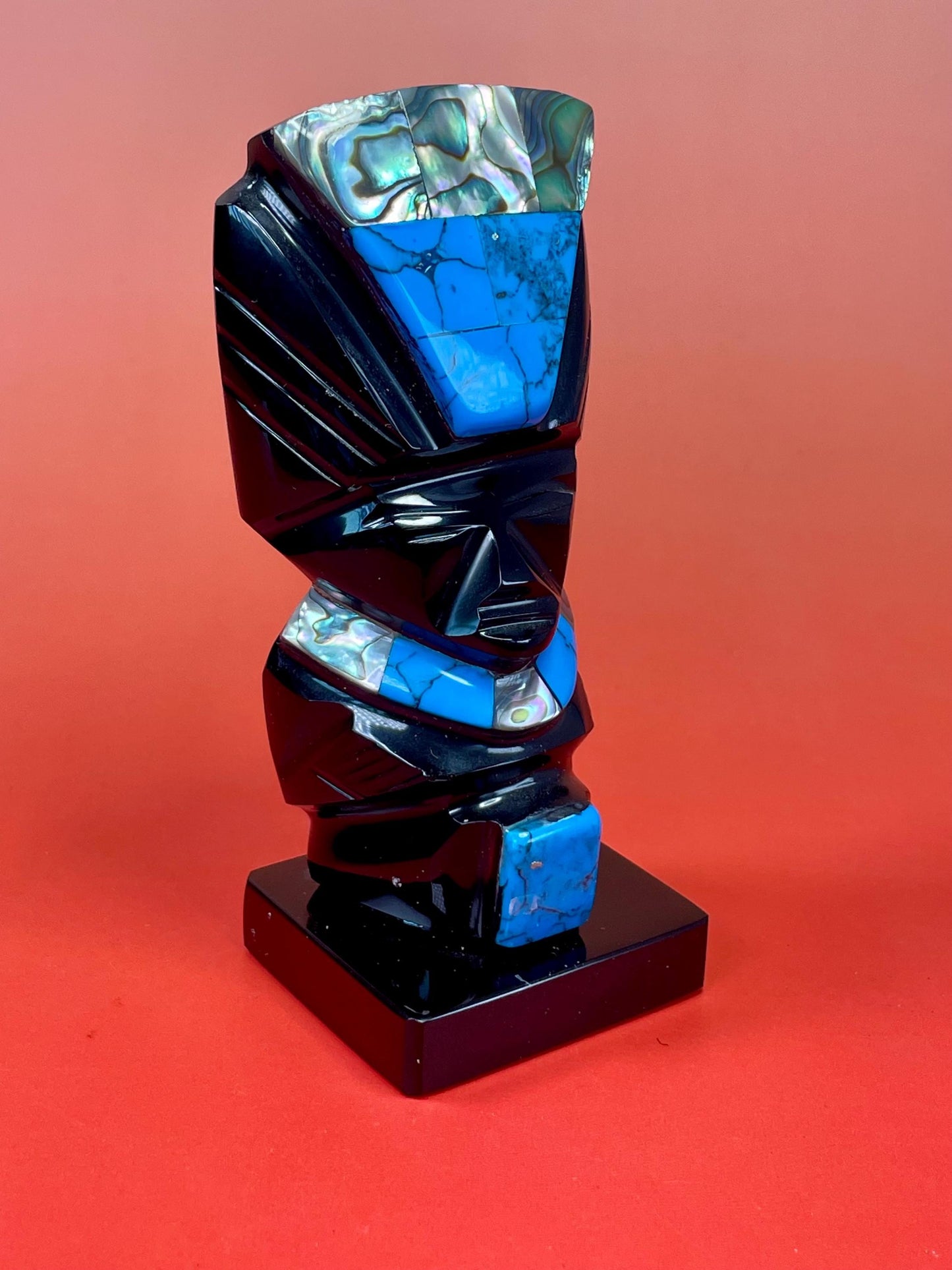 Obsidian, Turquoise and Abalone Statue  4.25 inches