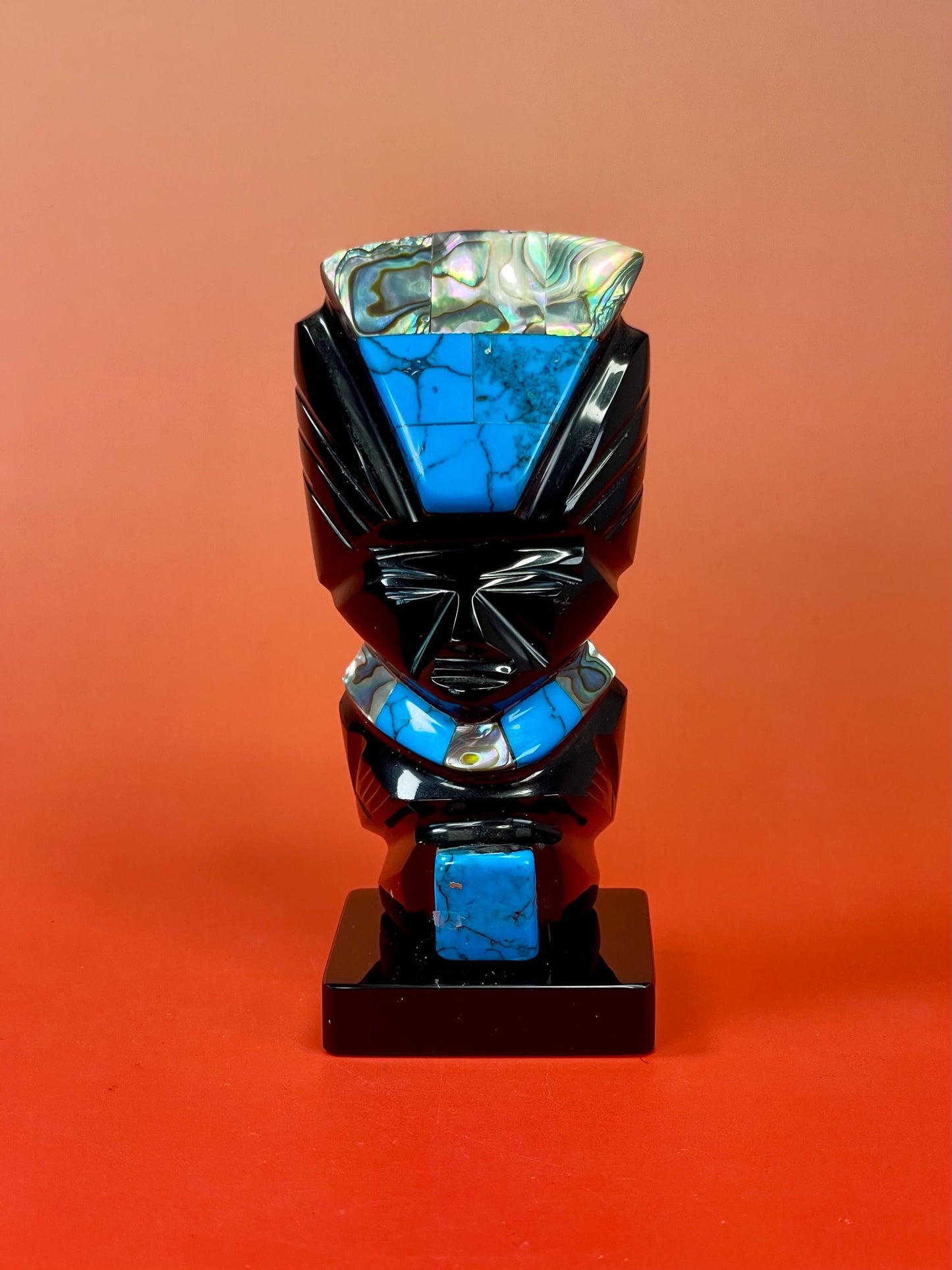 Obsidian, Turquoise and Abalone Statue  4.25 inches