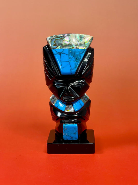 Obsidian, Turquoise and Abalone Statue  4.25 inches