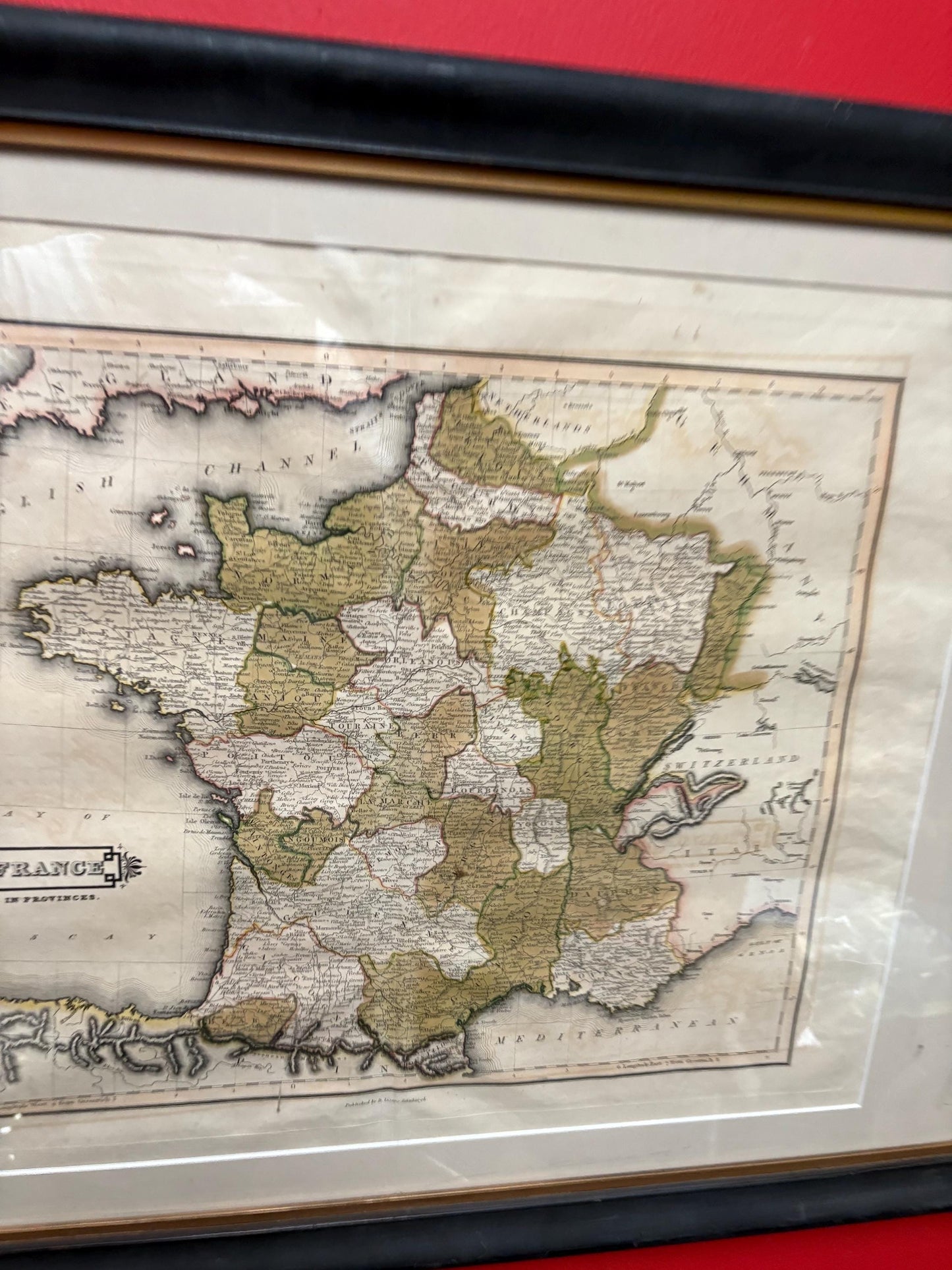 Early 19 century Scottish map of France in beautiful frame  30 by 22 inches  great home decoration or gift- B