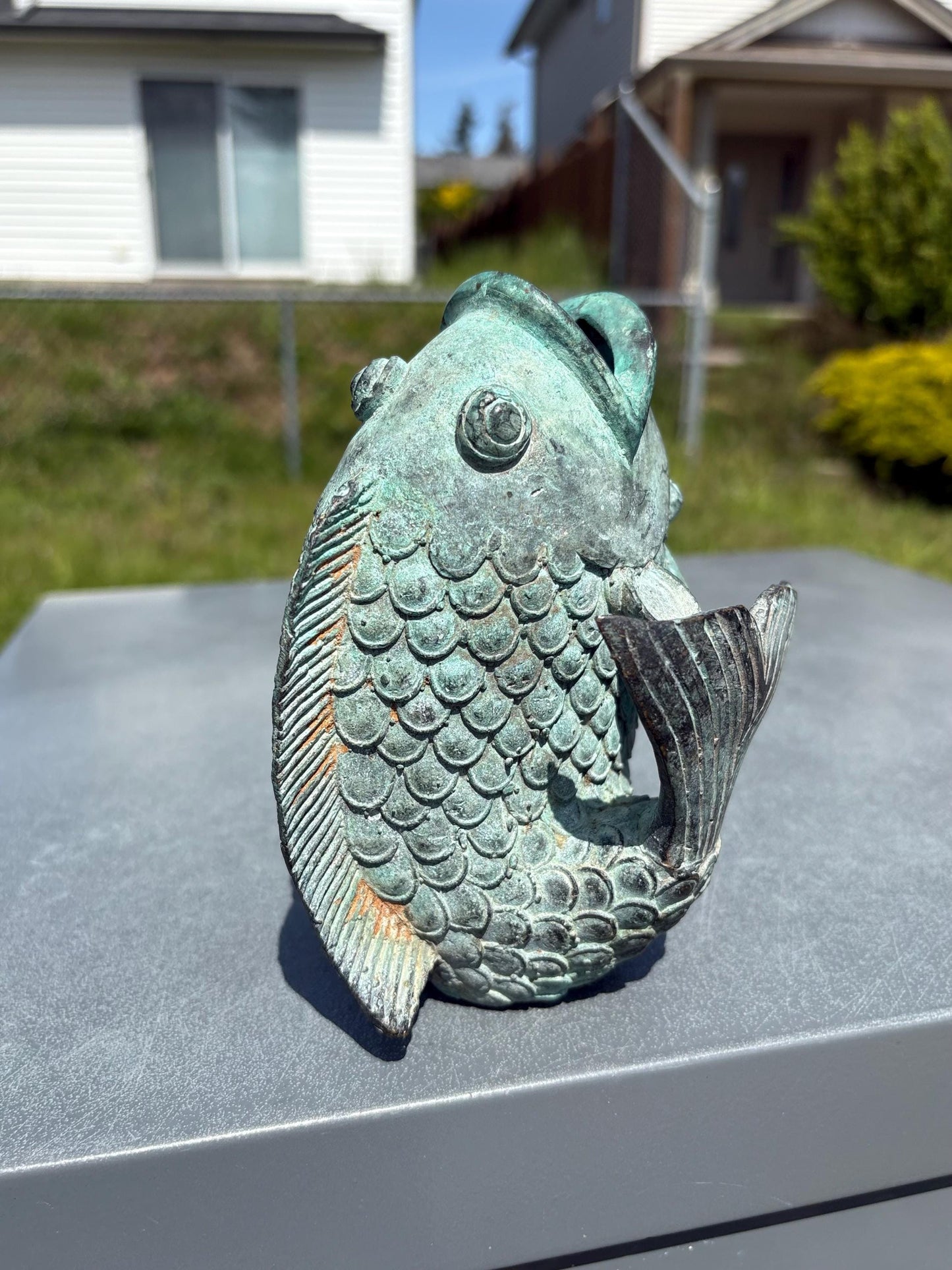 Stunning old Japanese 6 inch bronze Koi fish with wonderful patina — intense beauty — Japanese art — great gift