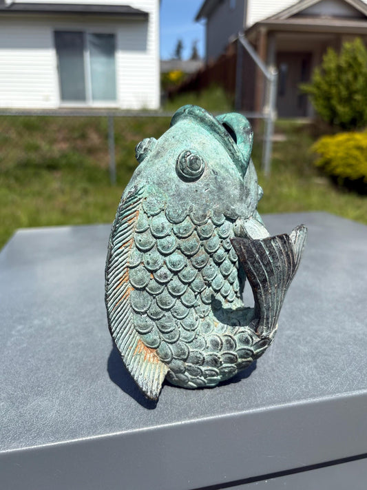 Stunning old Japanese 6 inch bronze Koi fish with wonderful patina — intense beauty — Japanese art — great gift