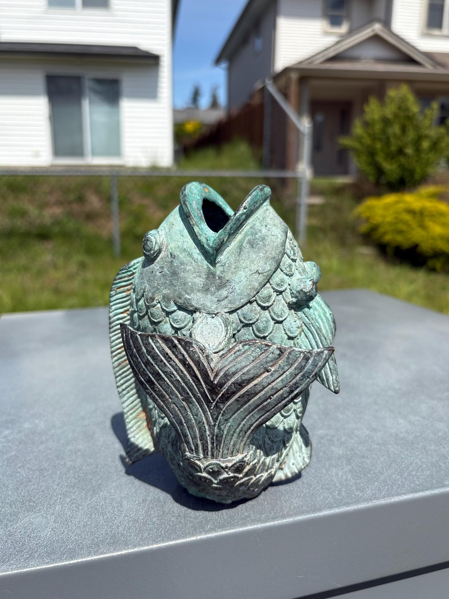 Stunning old Japanese 6 inch bronze Koi fish with wonderful patina — intense beauty — Japanese art — great gift