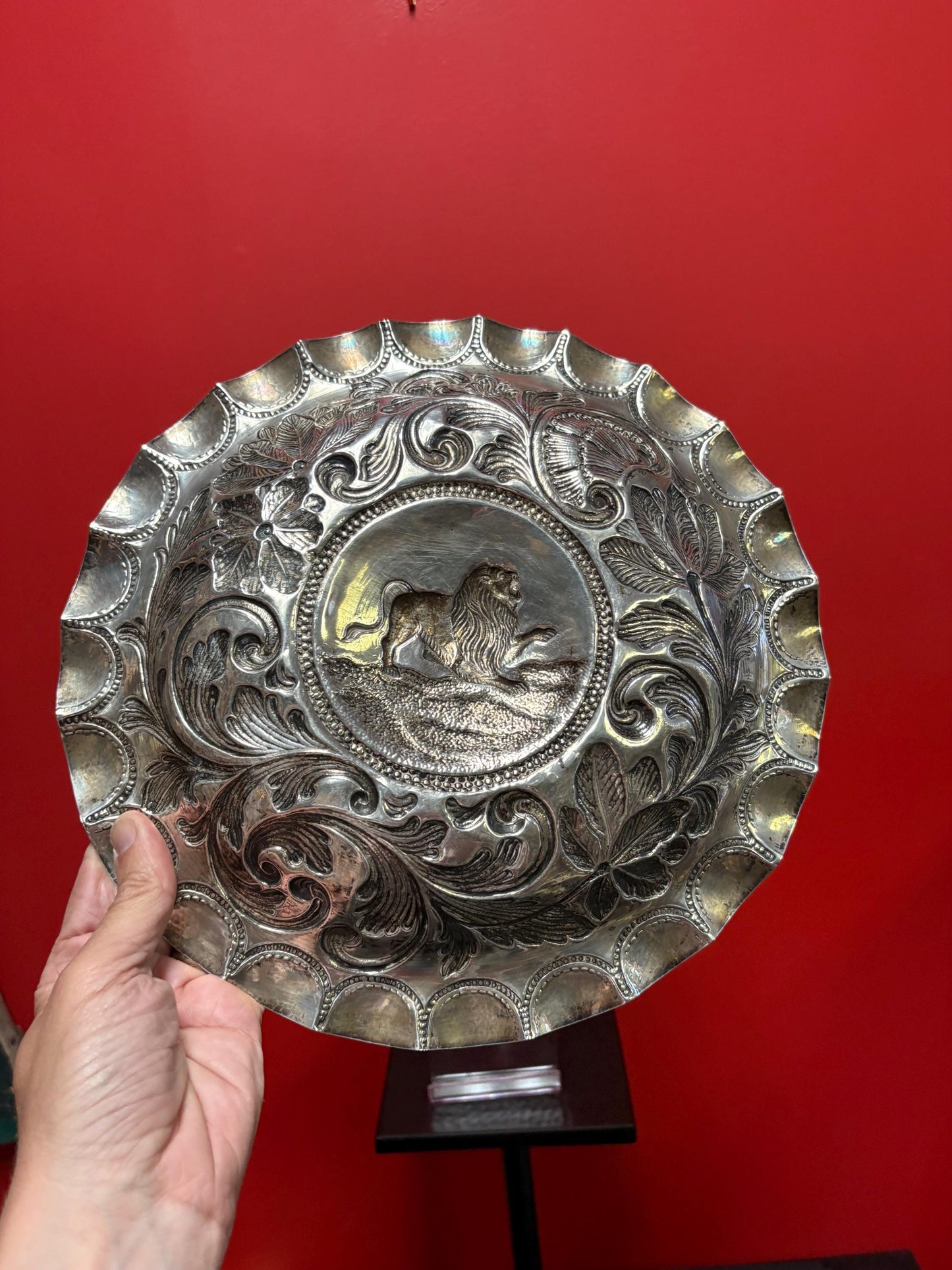 Stunning massive solid European antique Hallmarked sterling silver bowl   12 inches 495 g  wonderful lion motif  fabulous sterling silve