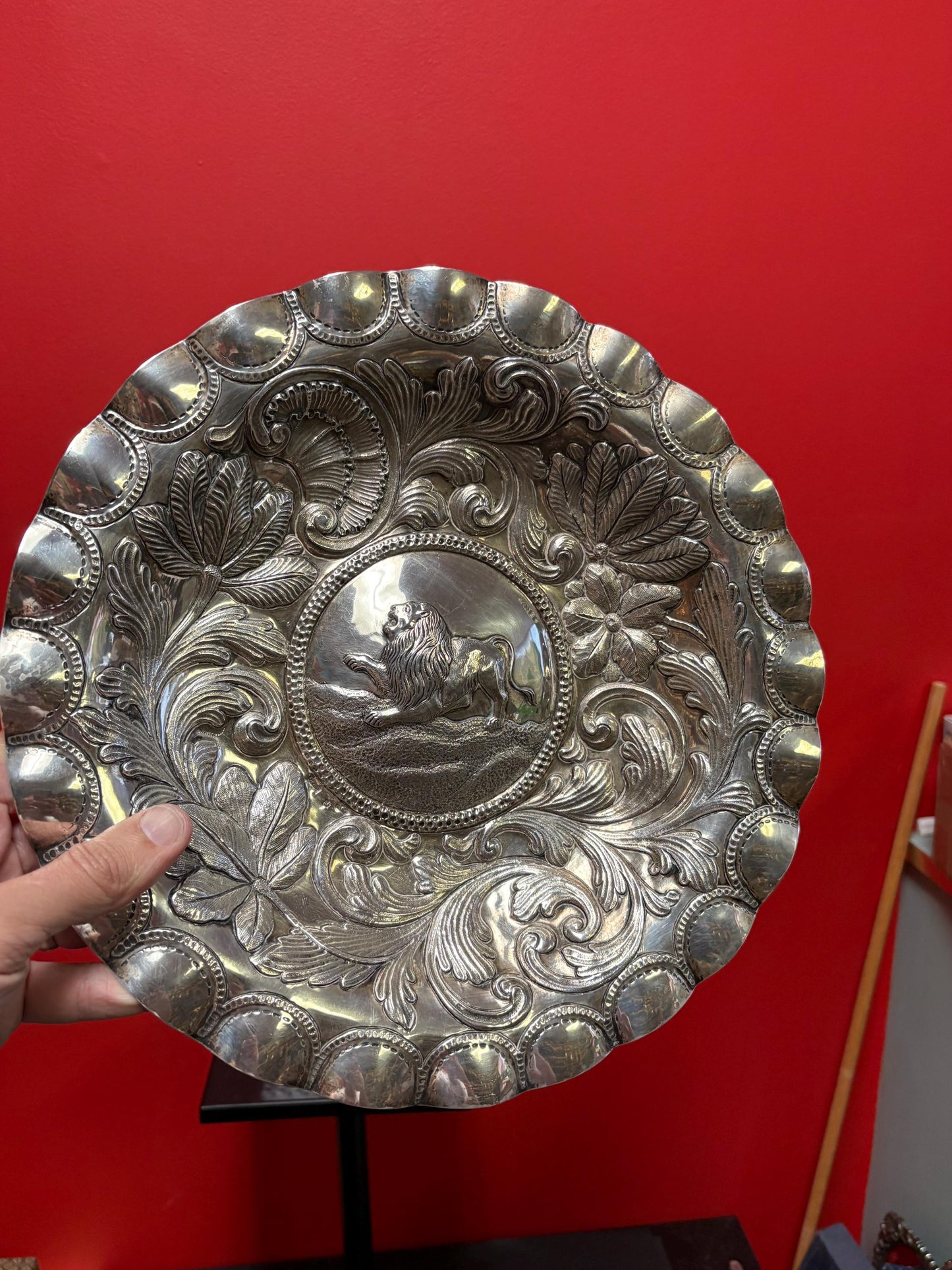 Stunning massive solid European antique Hallmarked sterling silver bowl   12 inches 495 g  wonderful lion motif  fabulous sterling silve