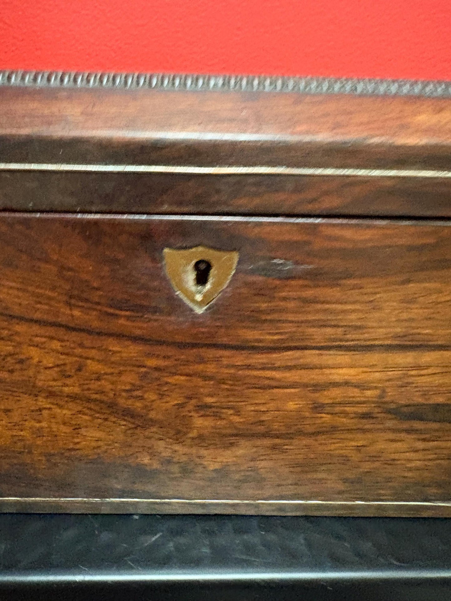 Fabulous early 19 century wooden jewelry or sewing box  in amazing condition  beautifully lined inside and 8 x 5 x 4 high  wonderful gift