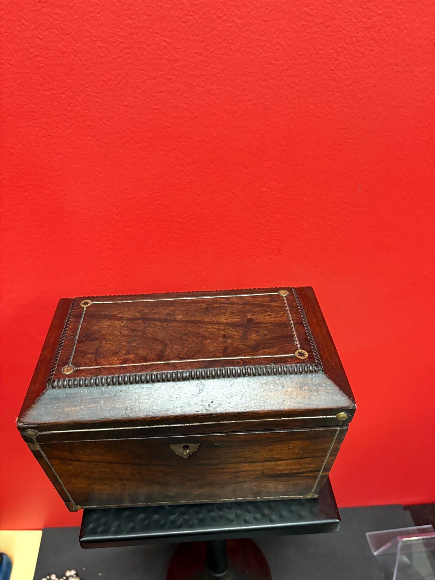 Fabulous early 19 century wooden jewelry or sewing box  in amazing condition  beautifully lined inside and 8 x 5 x 4 high  wonderful gift