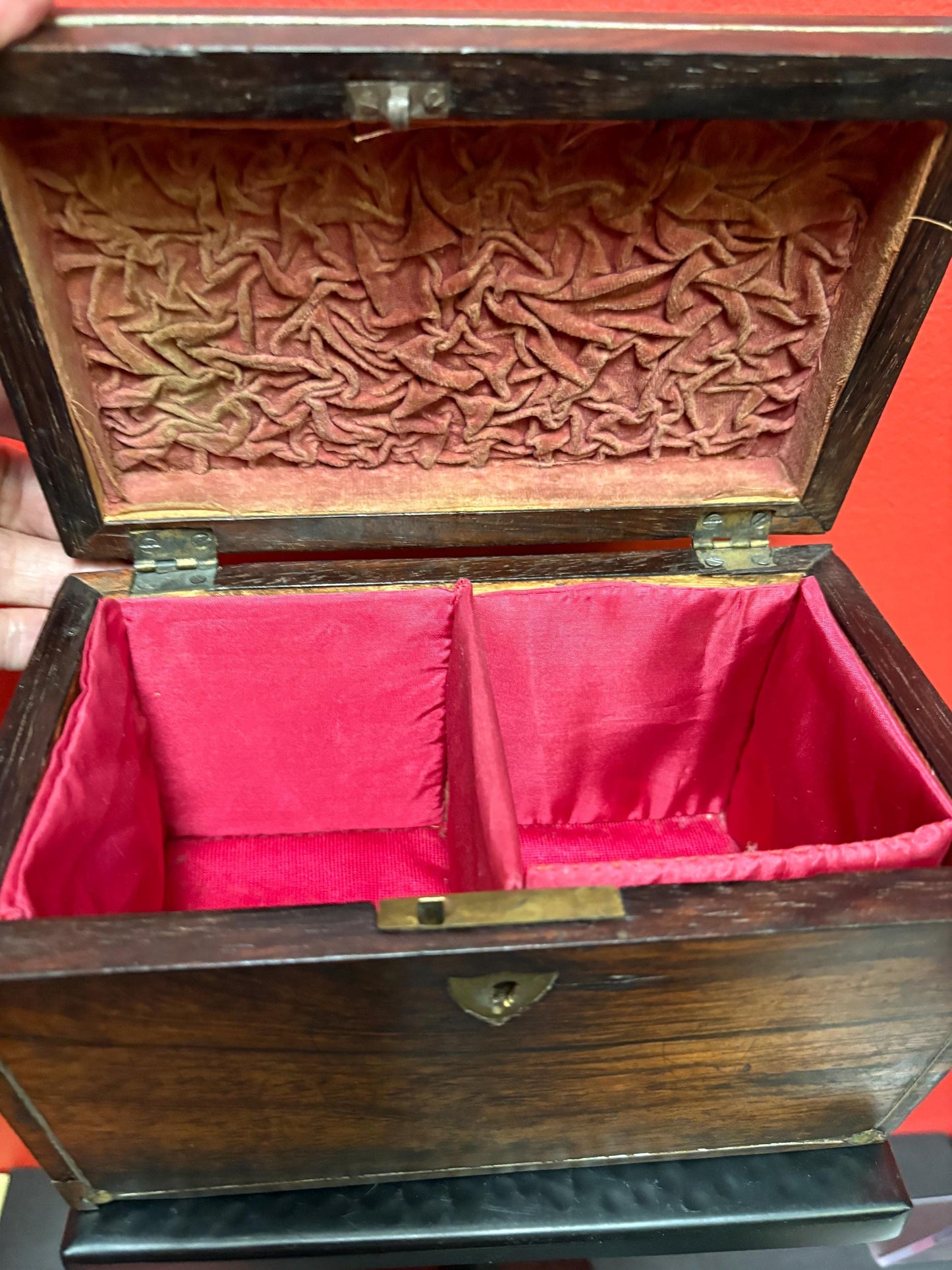 Fabulous early 19 century wooden jewelry or sewing box  in amazing condition  beautifully lined inside and 8 x 5 x 4 high  wonderful gift