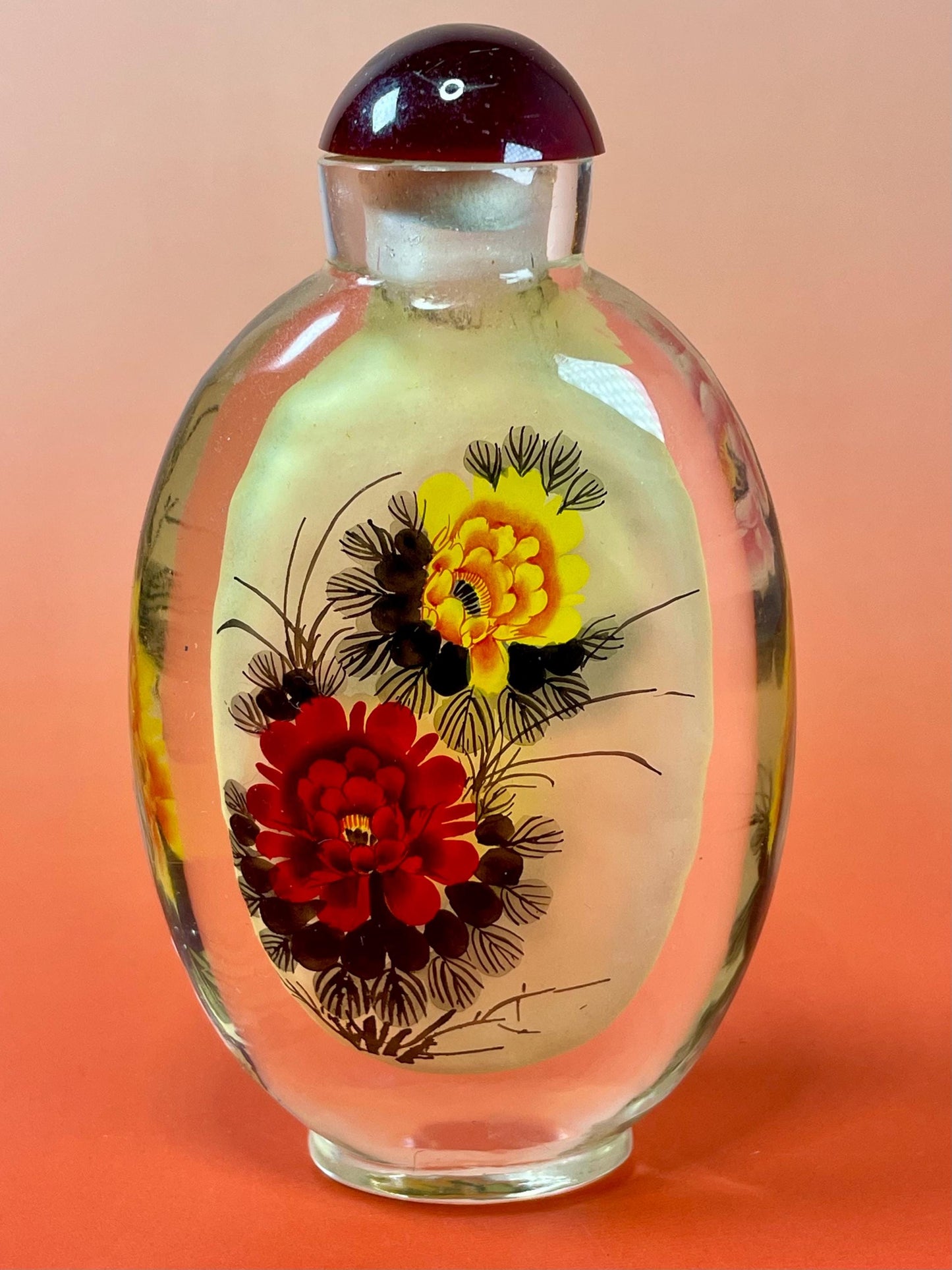 Painted Inside Snuff Bottle - 4.75 Inches - Intricate Flower Design