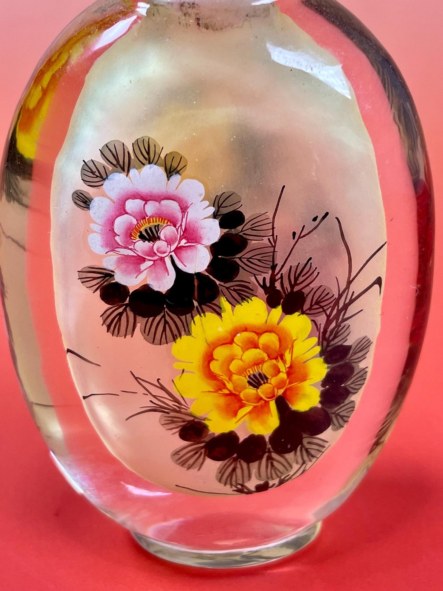 Painted Inside Snuff Bottle - 4.75 Inches - Intricate Flower Design