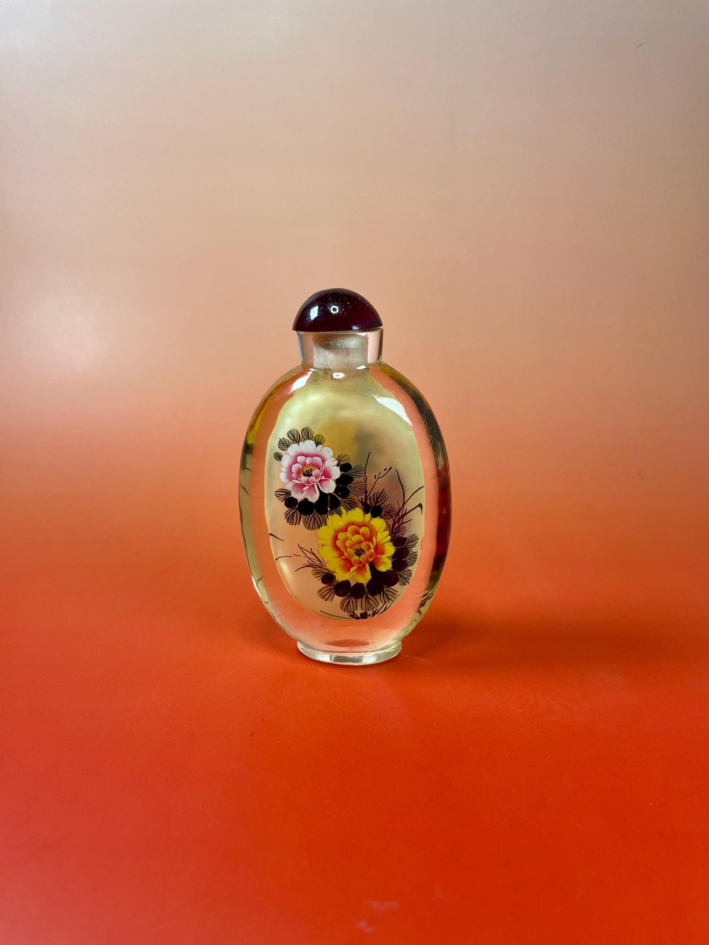 Painted Inside Snuff Bottle - 4.75 Inches - Intricate Flower Design