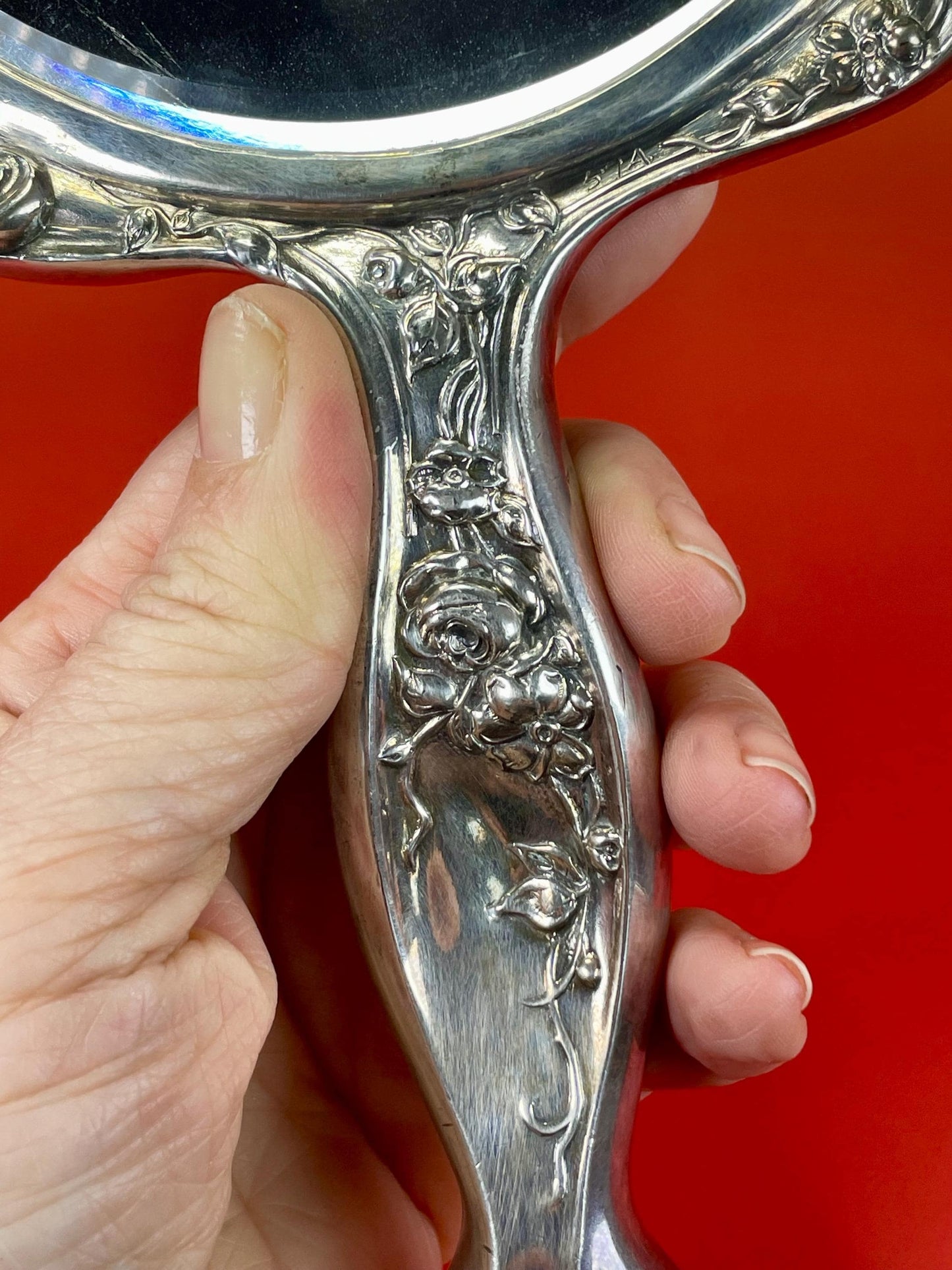 Stunning Victorian Silver Plated hand mirror with flower design   perfect gift -B