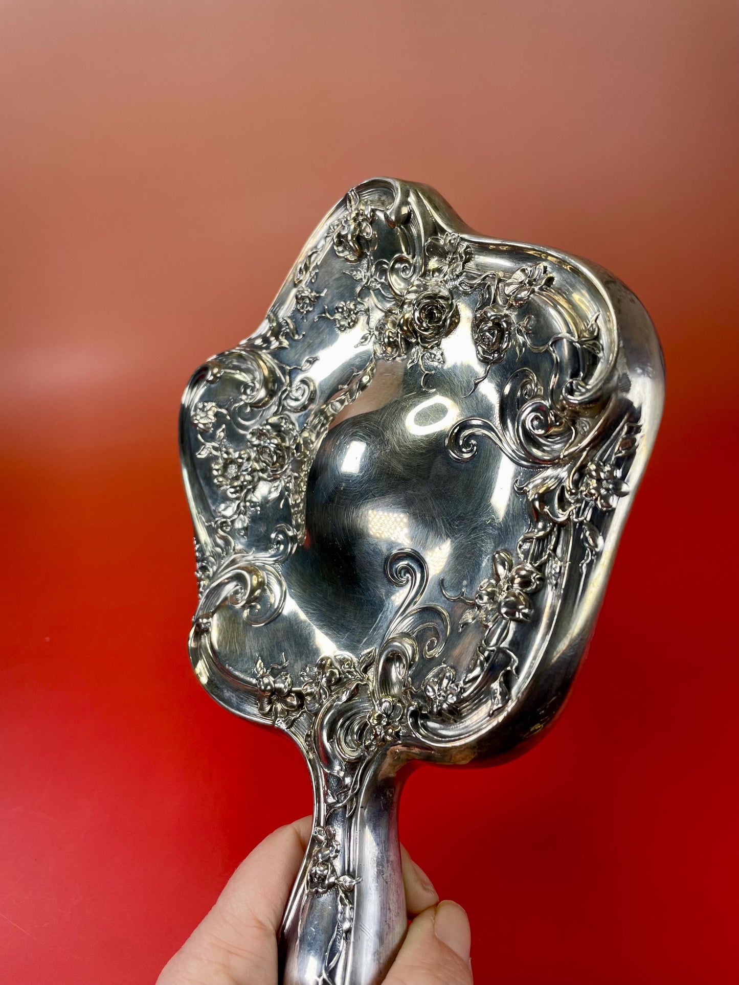 Stunning Victorian Silver Plated hand mirror with flower design   perfect gift -B