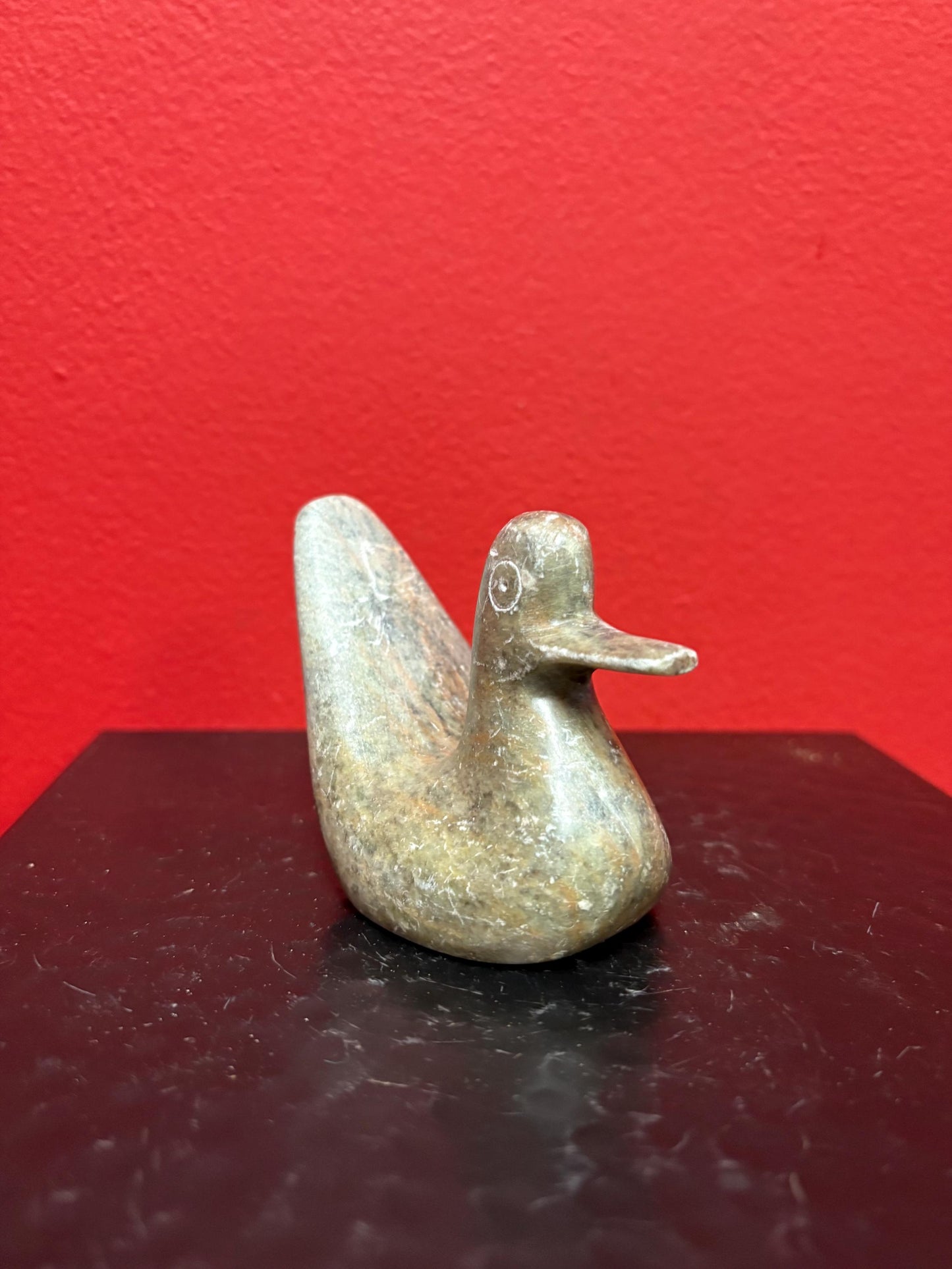 Lovely Inuit soapstone 3 1/2 x 3 high duck  minor scratching  great value