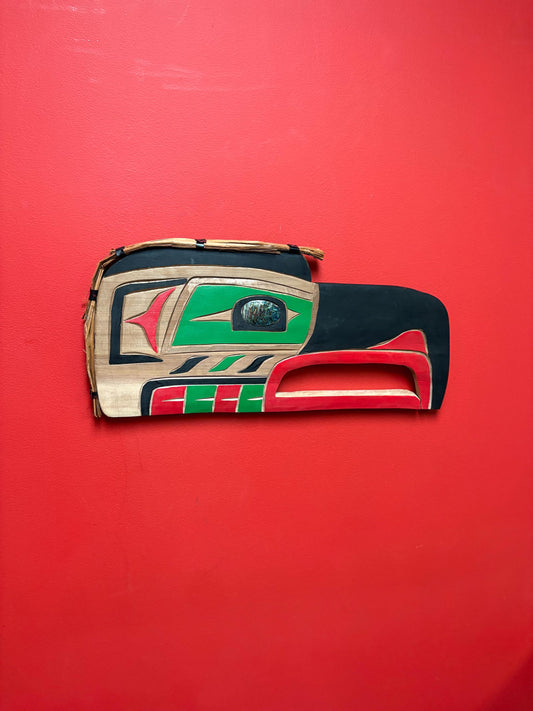 Stunning indigenous first nation Pacific Northwest coast signed Bradley Joseph Jr  Raven plaque with stunning abalone eye - 19 x 9 1/2 high