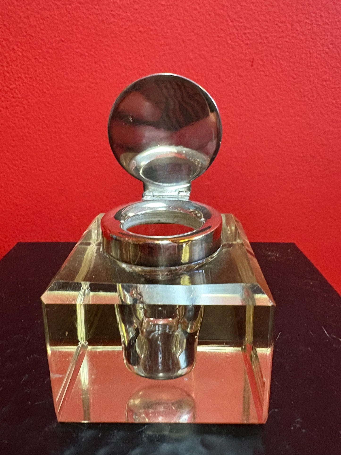 Beautiful antique silver plated and crystal inkwell  3 x 3  couple scratches and perfect for your desk or a gift  amazing value - B