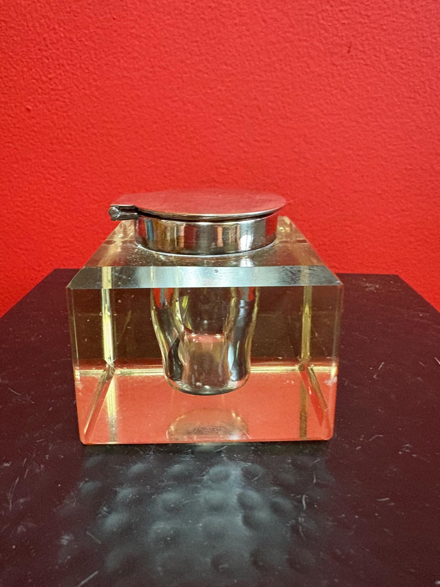 Beautiful antique silver plated and crystal inkwell  3 x 3  couple scratches and perfect for your desk or a gift  amazing value - B