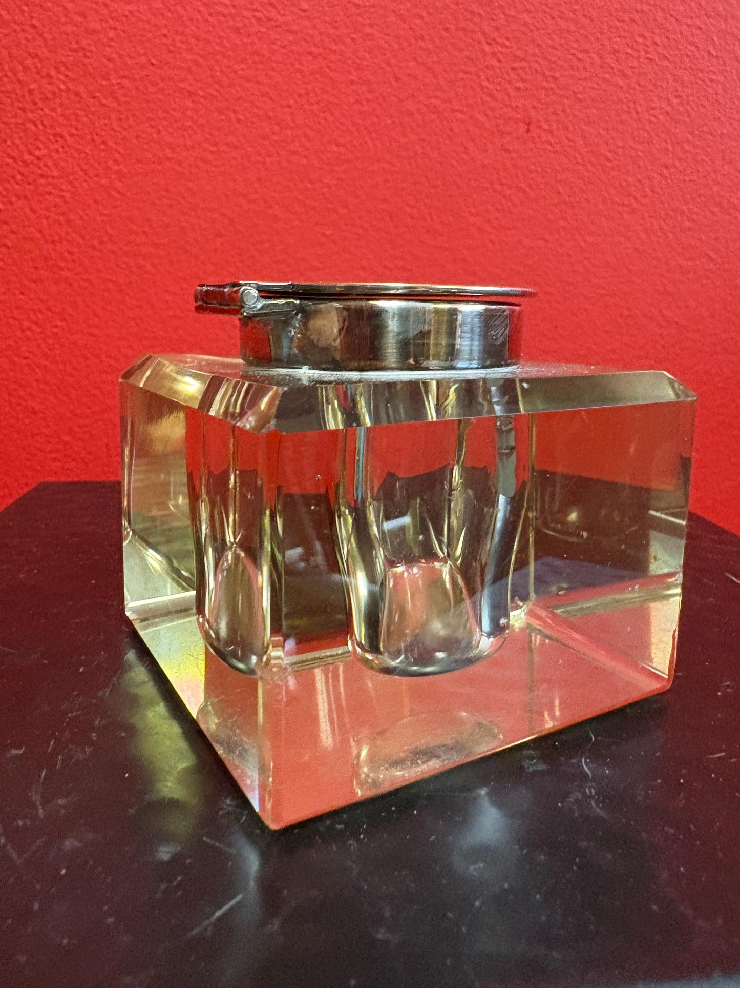 Beautiful antique silver plated and crystal inkwell  3 x 3  couple scratches and perfect for your desk or a gift  amazing value - B