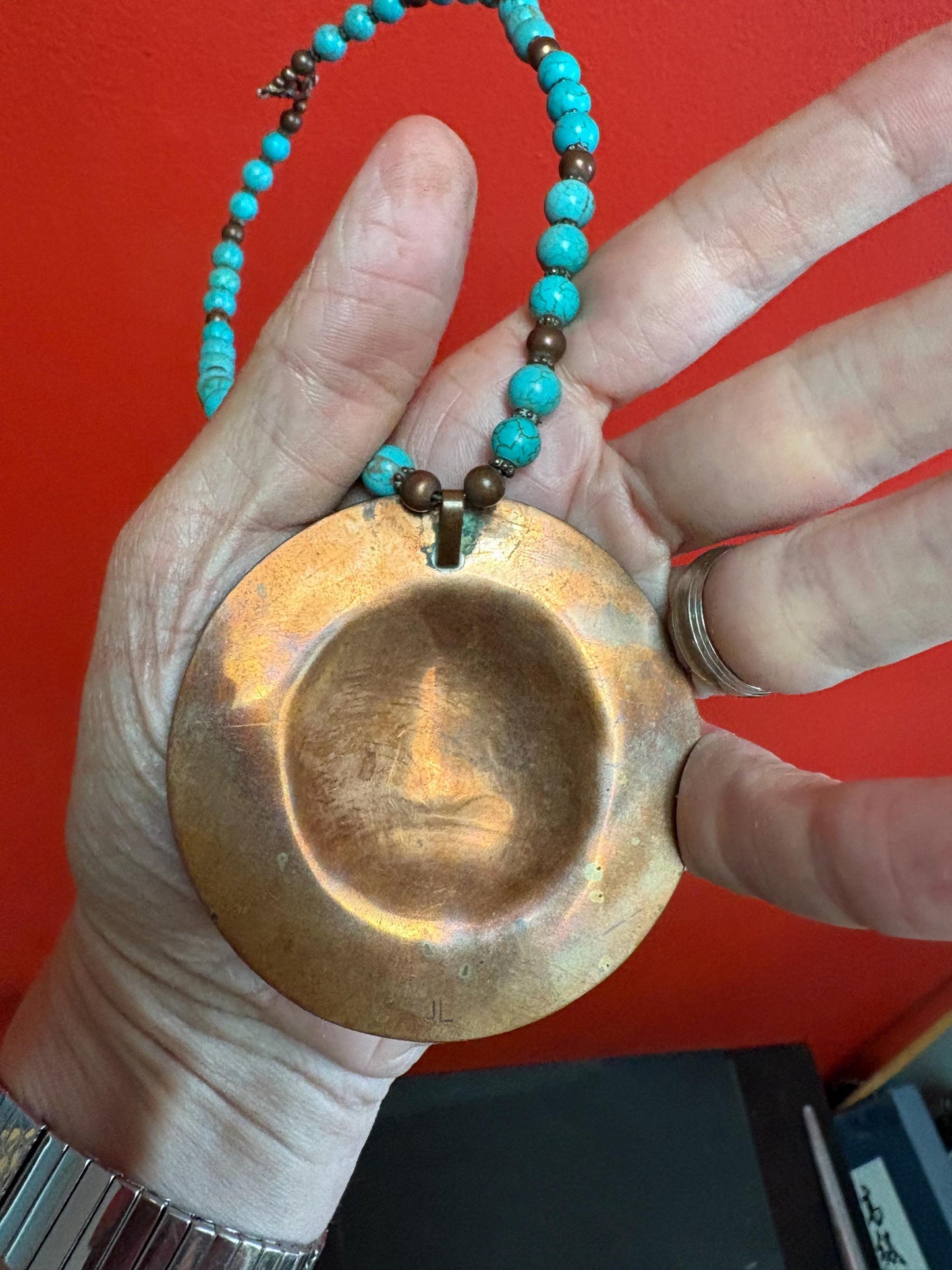 Stunning rare indigenous first nation Pacific Northwest coast turquoise and copper - necklace 15 inches and pendant 3 inches long  wow