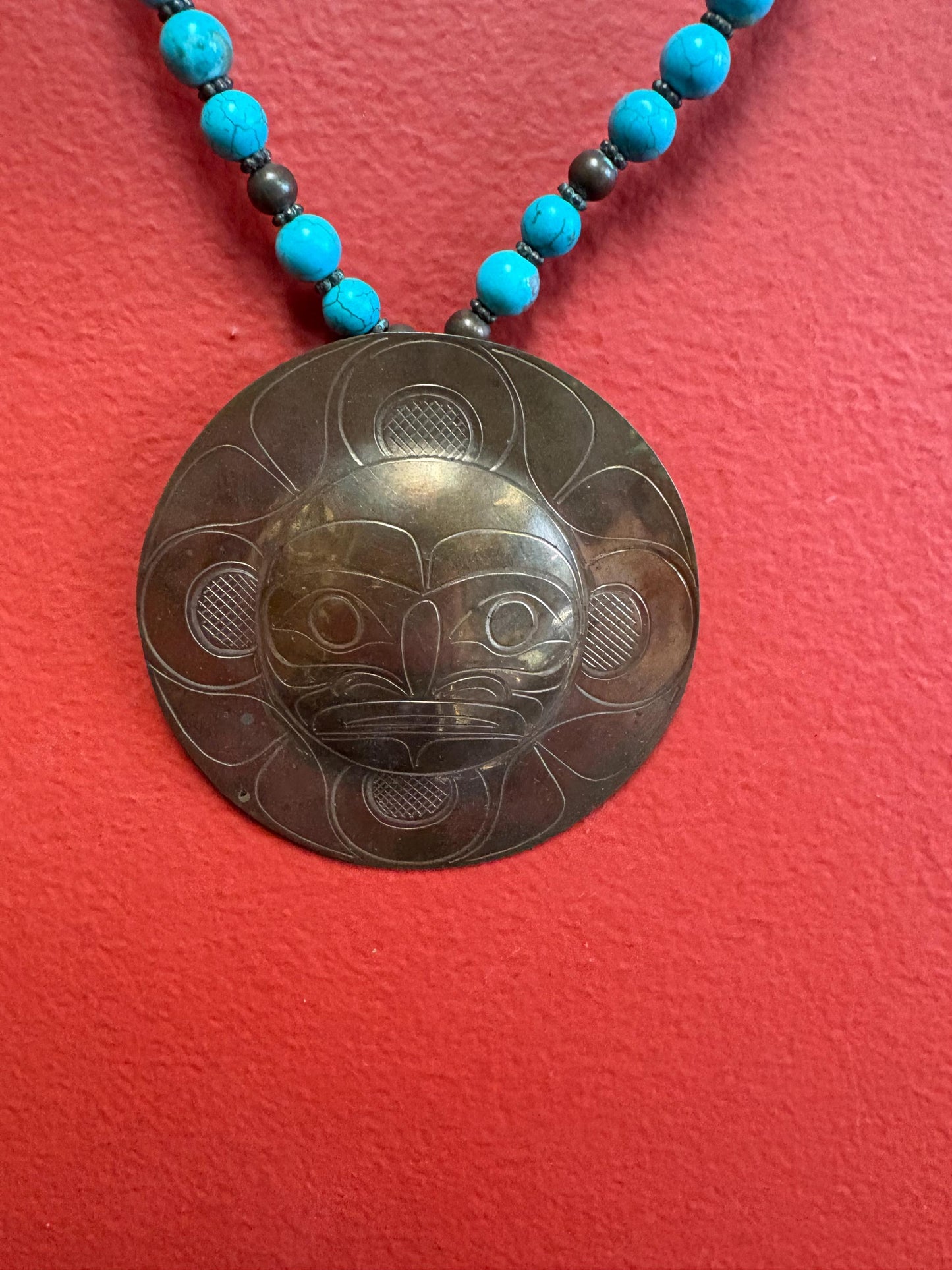 Stunning rare indigenous first nation Pacific Northwest coast turquoise and copper - necklace 15 inches and pendant 3 inches long  wow