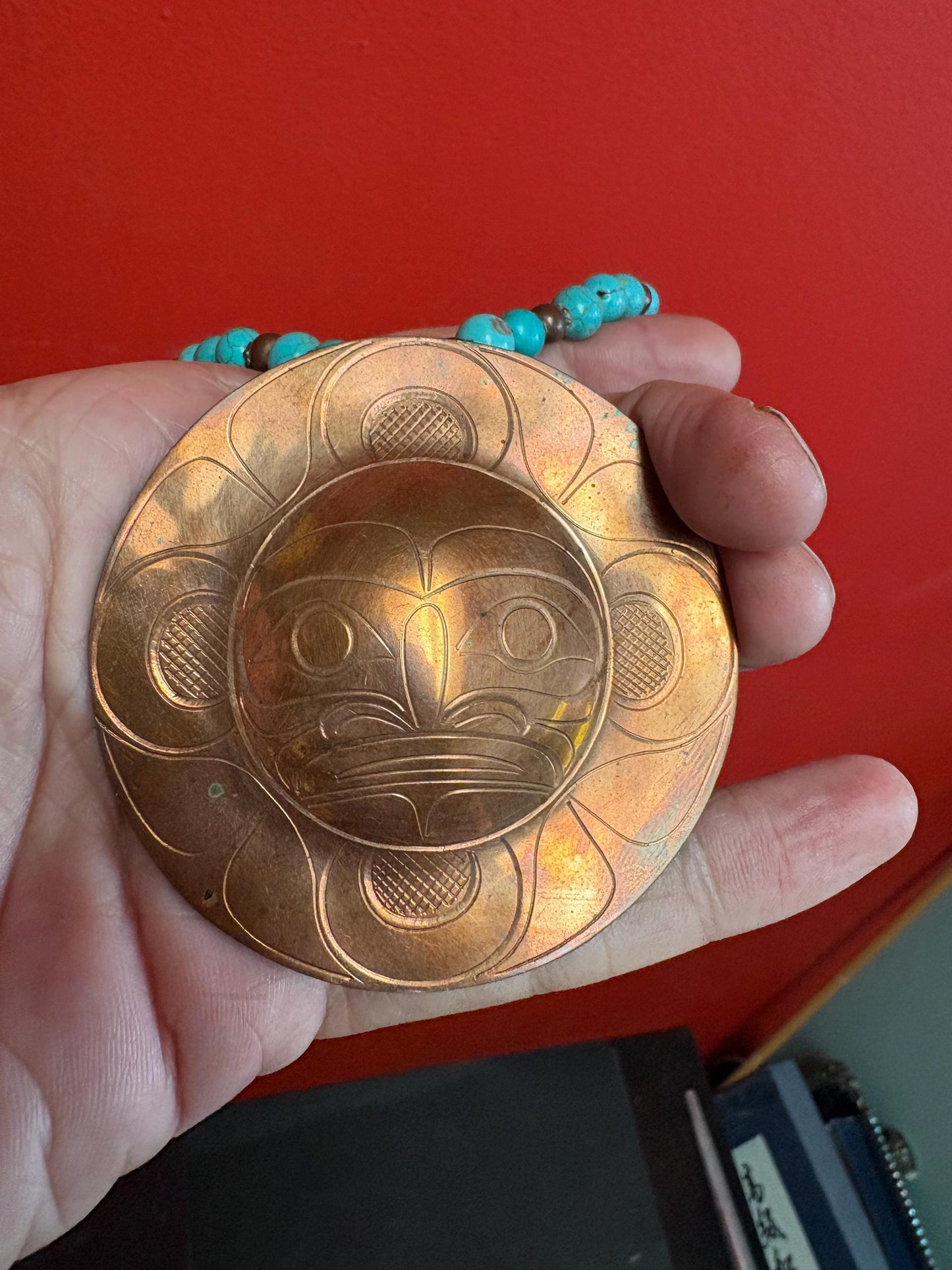 Stunning rare indigenous first nation Pacific Northwest coast turquoise and copper - necklace 15 inches and pendant 3 inches long  wow