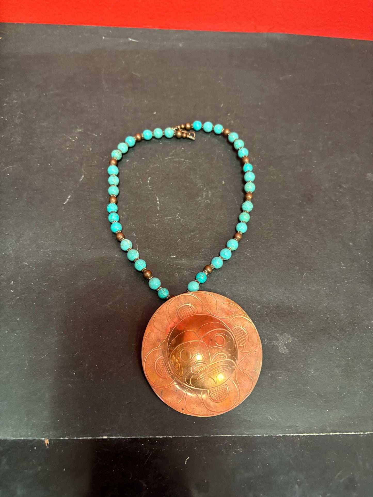 Stunning rare indigenous first nation Pacific Northwest coast turquoise and copper - necklace 15 inches and pendant 3 inches long  wow