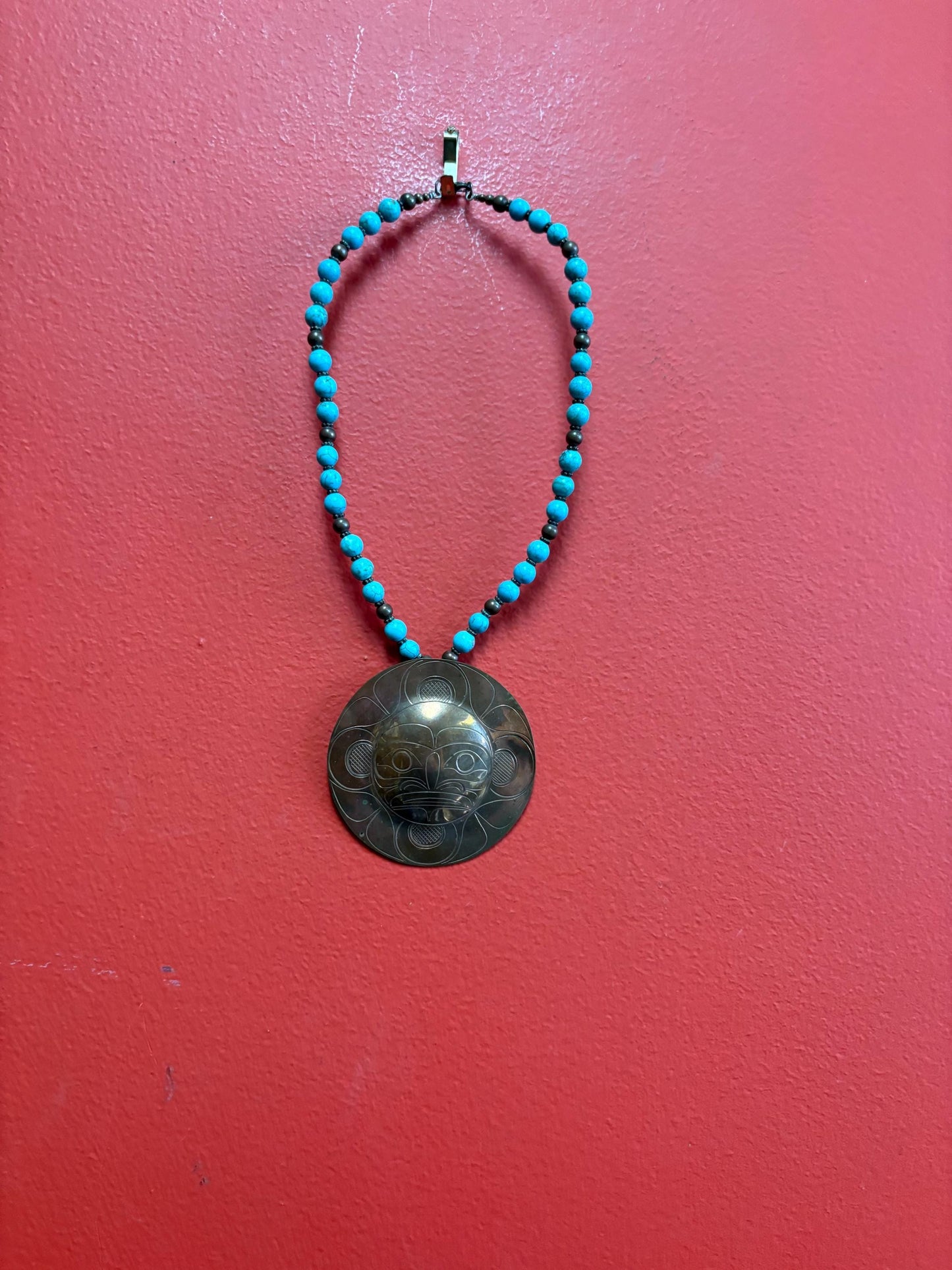 Stunning rare indigenous first nation Pacific Northwest coast turquoise and copper - necklace 15 inches and pendant 3 inches long  wow