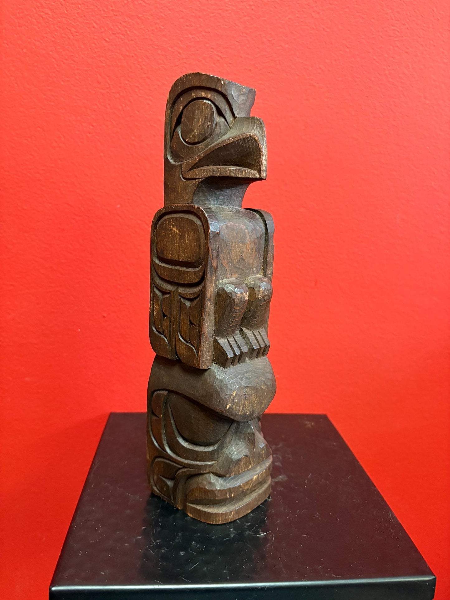 Beautiful 10 inch tall signed indigenous first nation pacific north West Coast Cedar totem pole - eagle human transformation  wow