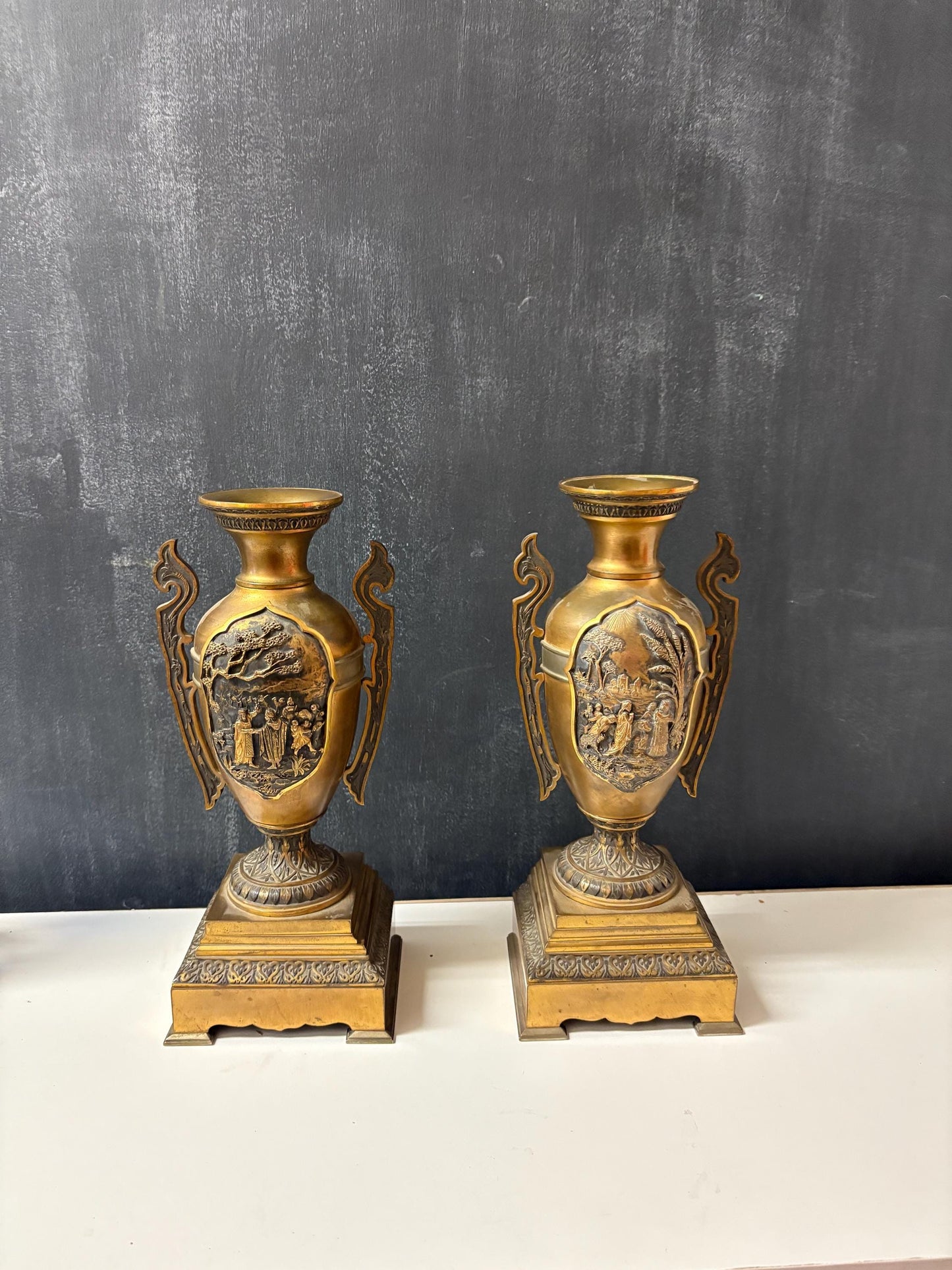 Stunning antique Japanese bronze candle holder urns   magical patina  11 inches high  perfection Meiji period  wow - B